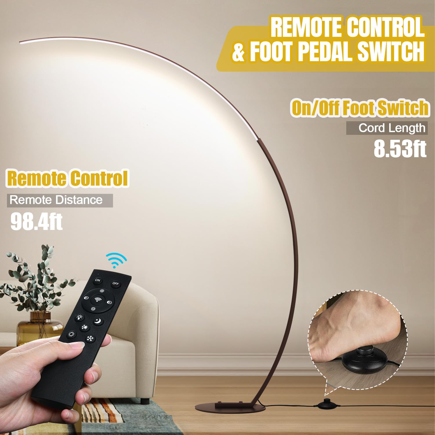 Dimmable Led Floor Lamp With 3 Color Temperatures, Ultra Bright 2000Lm Brown Arc Floor Lamps For Living Room, Modern Standing Ta