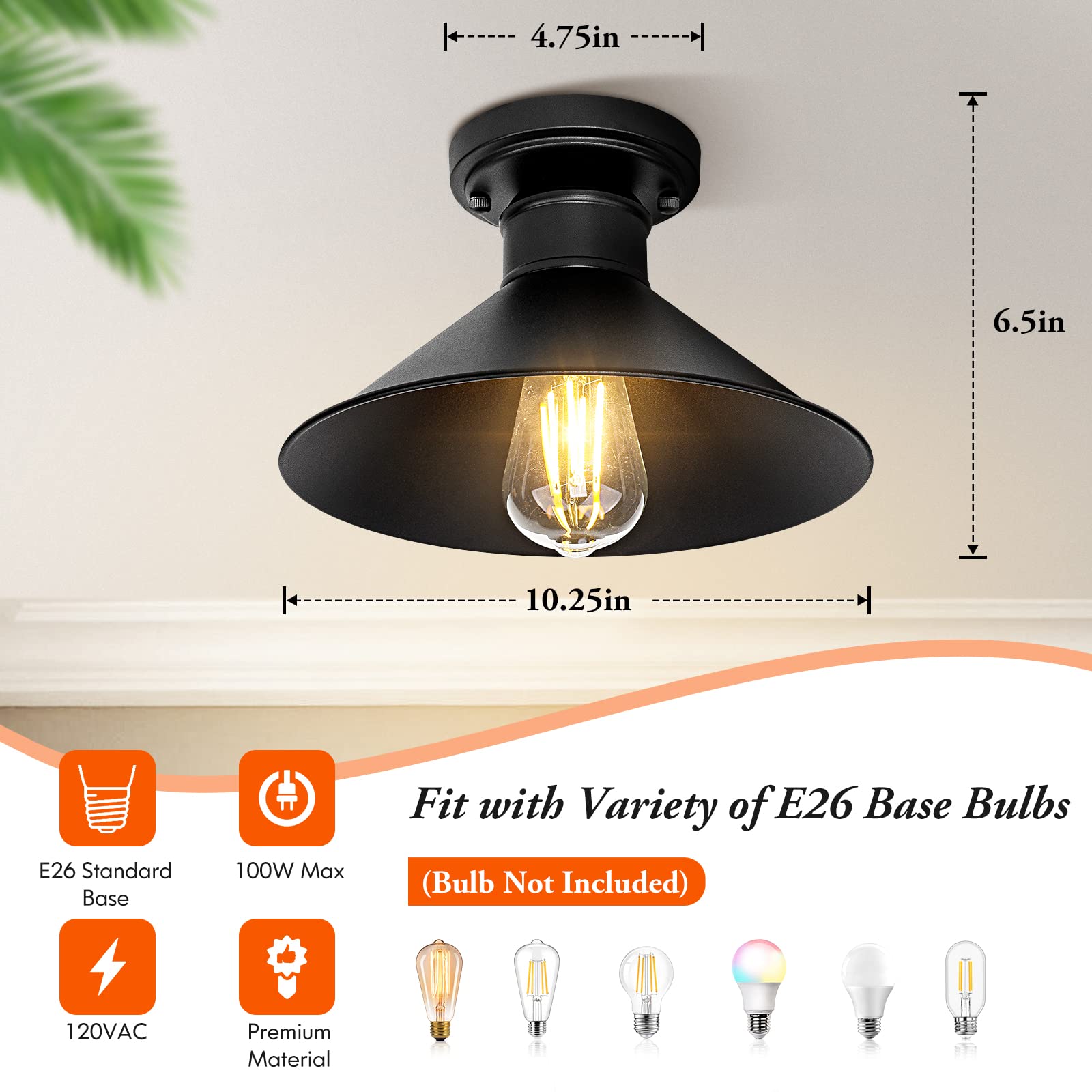 Brightever Industrial Semi Flush Mount Ceiling Lights, Matte Black, Metal, 2 Count, Model X10004P