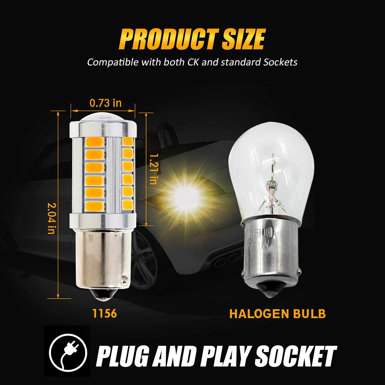 Auxbeam 1156 LED Turn Signal Bulbs, Amber Yellow, 33-SMD Chipsets, Pack of 2, Model H67002586