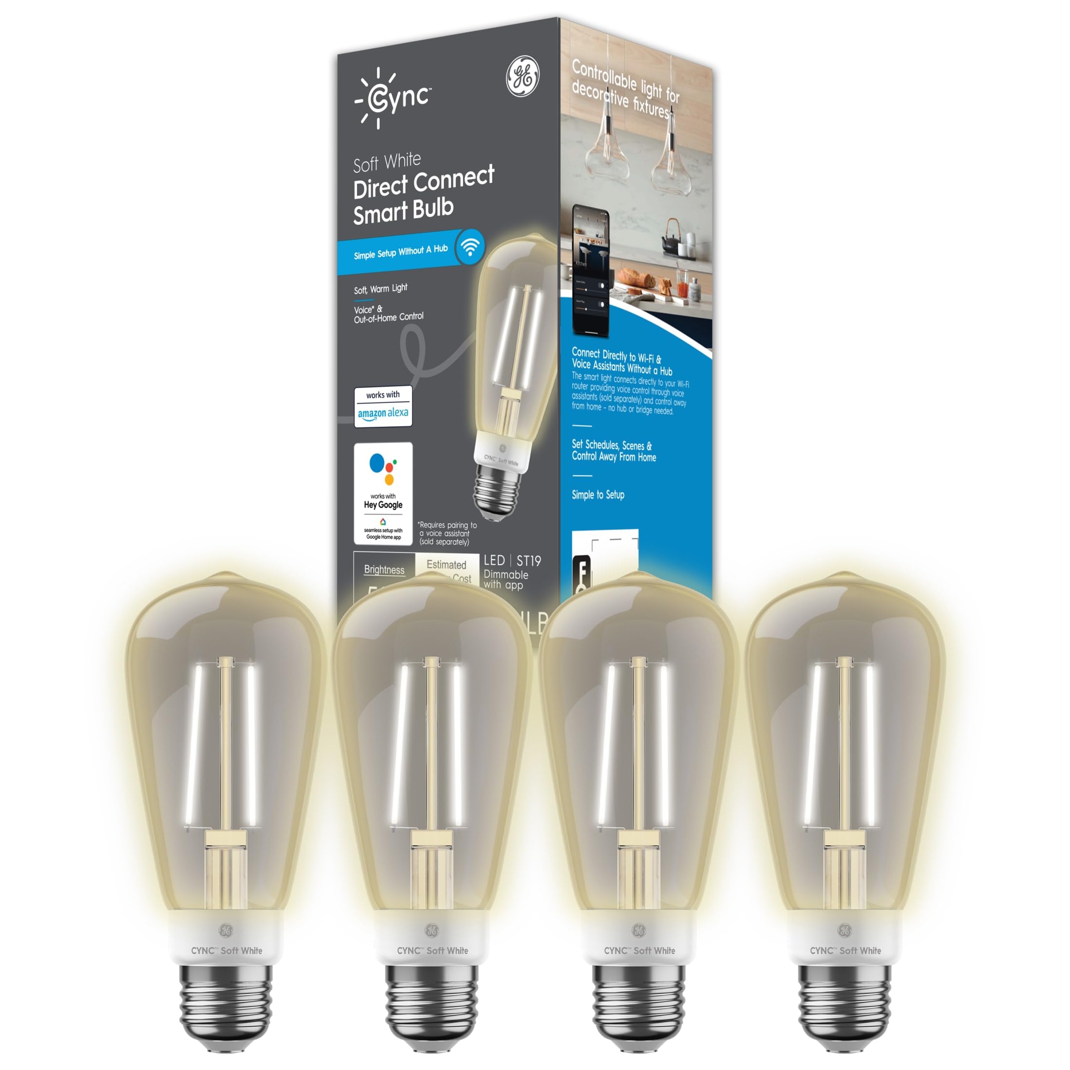 Ge Cync Smart Led Light Bulbs, Soft White, Bluetooth And Wi-Fi Enabled, Compatible With Alexa And Google Home, St19 Edison Style