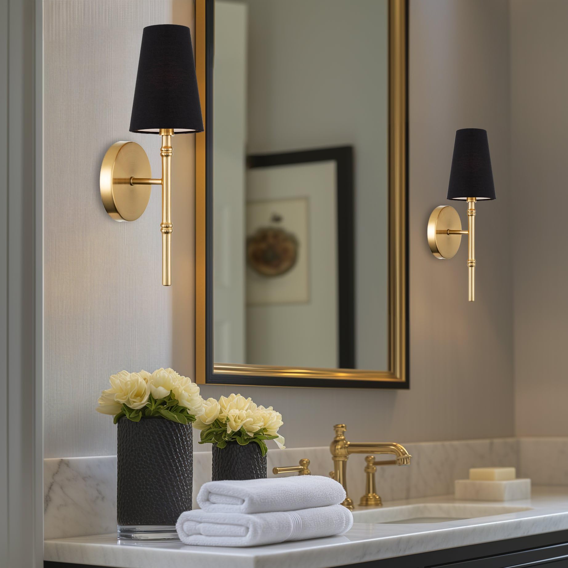 Kira Home Torche II Wall Sconce, 15in Cool Brass Finish with Black Linen Shade, Model RVL-W6511-1-CB