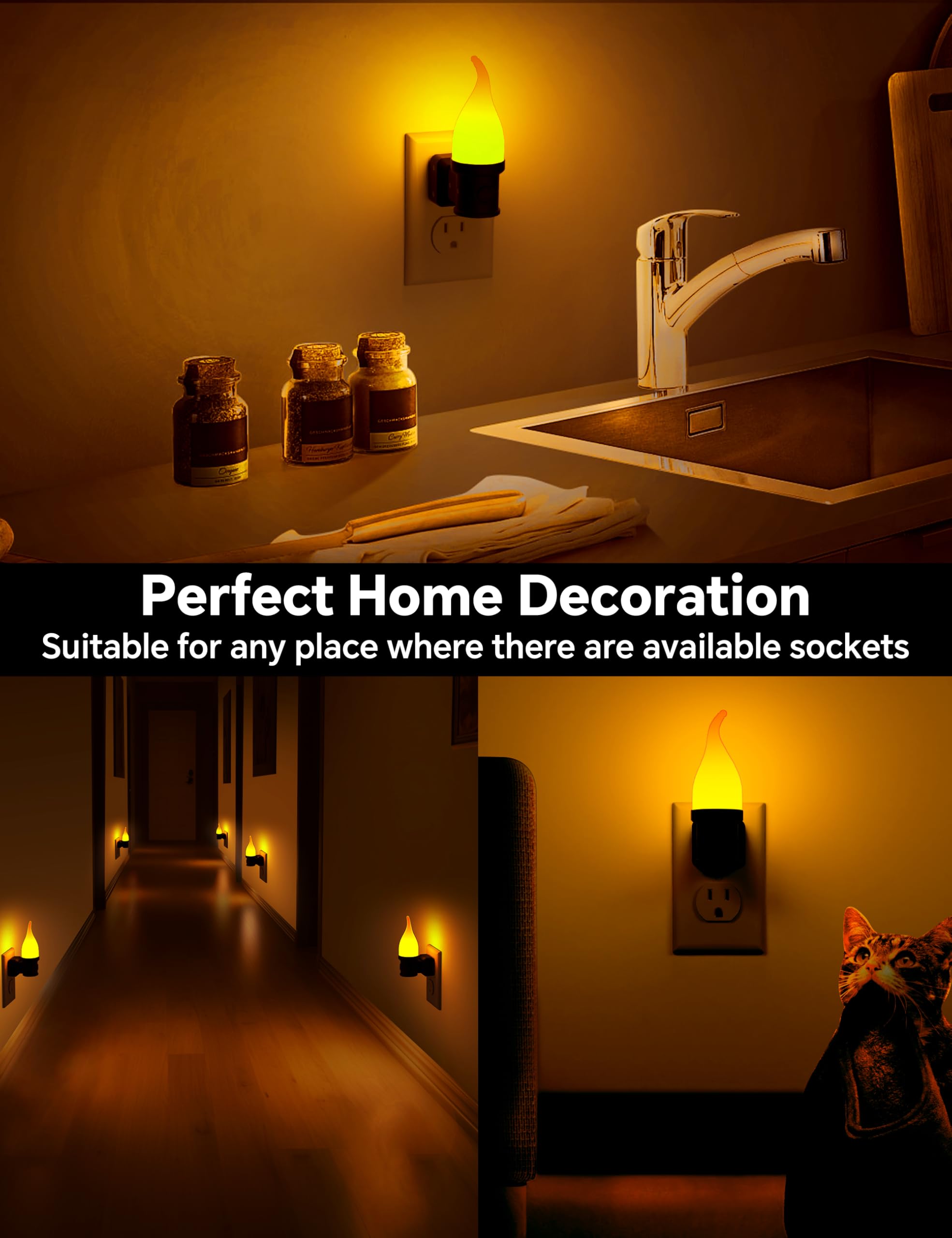 KINDEEP Flickering Candle Night Light 2 Pack, Amber, Plug-in with Dusk to Dawn Sensor, Flameless for Home Decor and Halloween