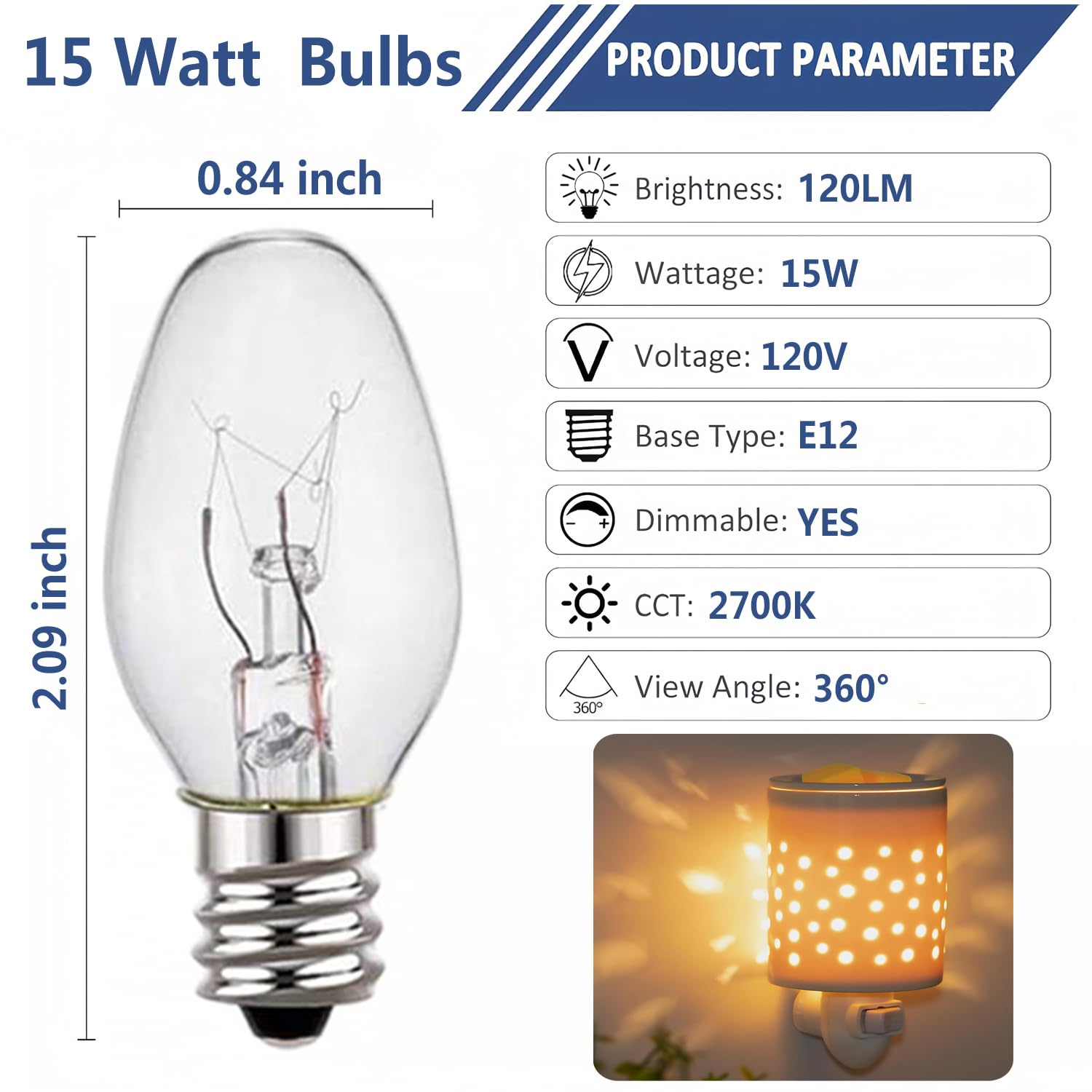 Wokhok Himalayan Salt Lamp Bulbs, 15 Watt C7 Incandescent, 12-Pack, E12 Socket