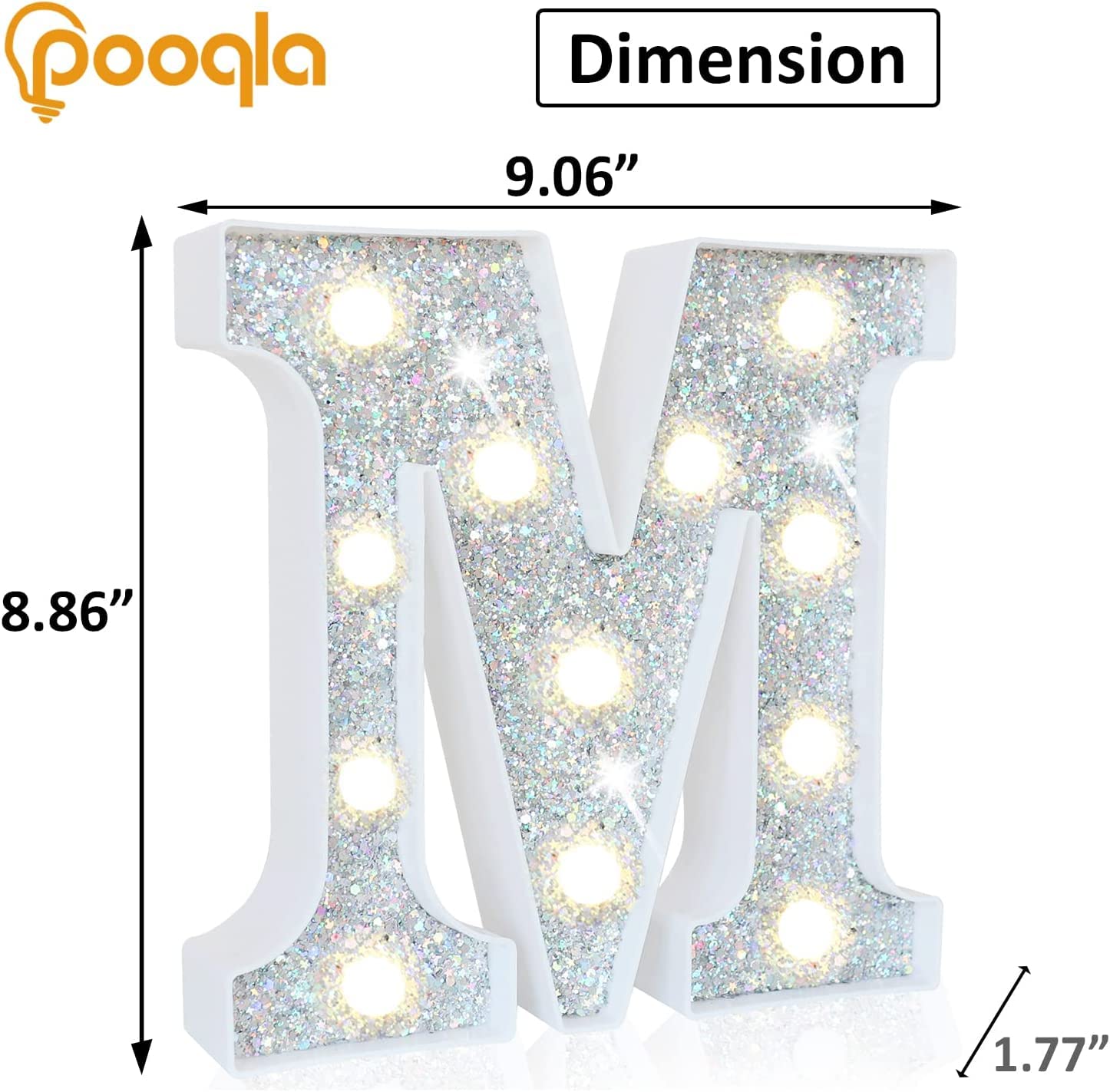 Pooqla LED Marquee Letter Light, Battery Operated, 16 Colors, Silver, Letter M