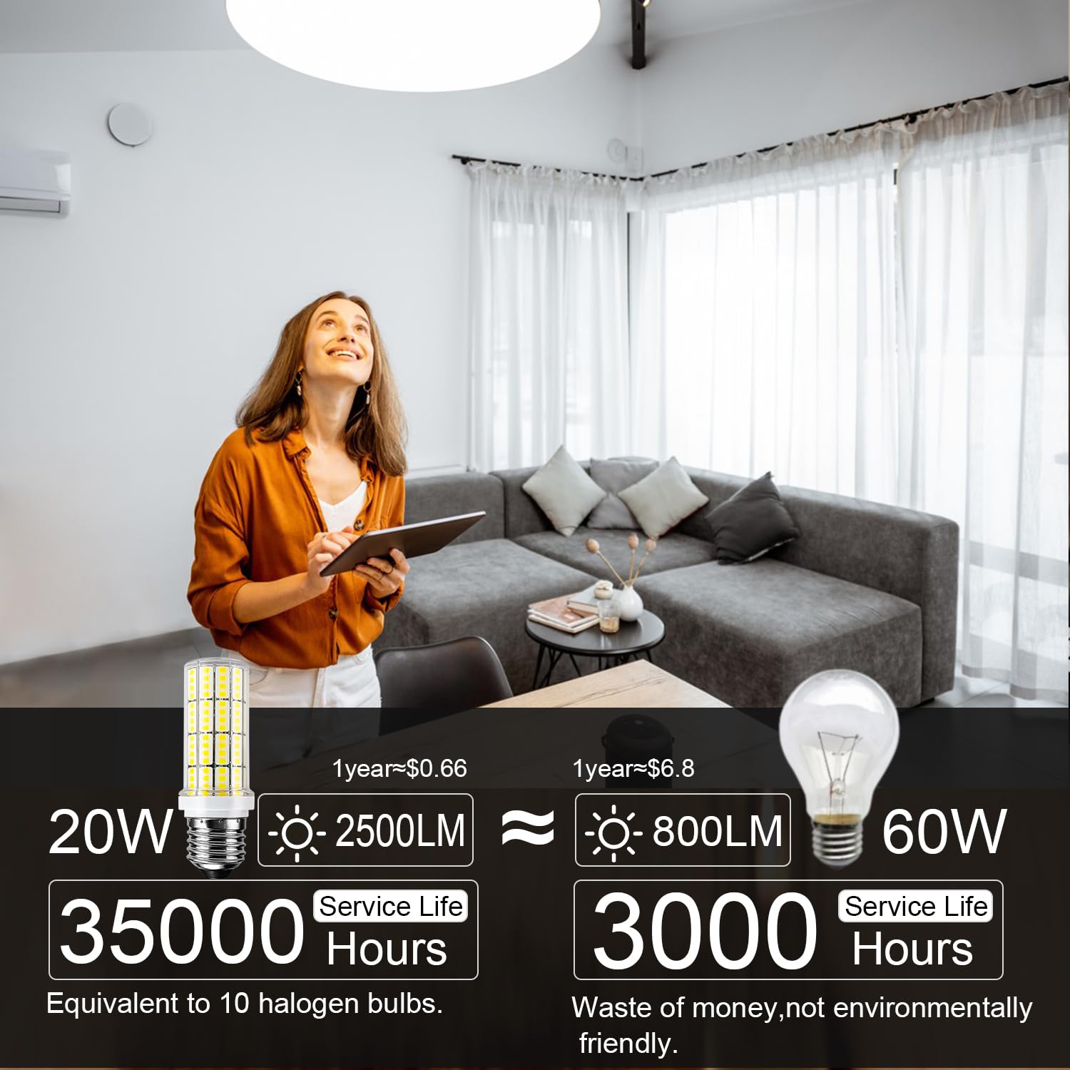 RIUVAO LED Light Bulb 20W E26/E27 2500 Lumen 5000K Daylight White Pack of 6, Super Bright Indoor/Outdoor Lighting