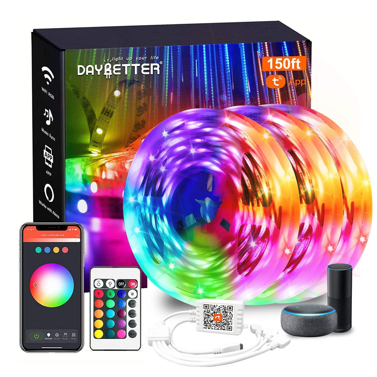 Daybetter Smart Wifi Led Lights For Bedroom 150 Ft, Tuya App Controlled Led Strip Lights, Work With Alexa And Google Assistant,