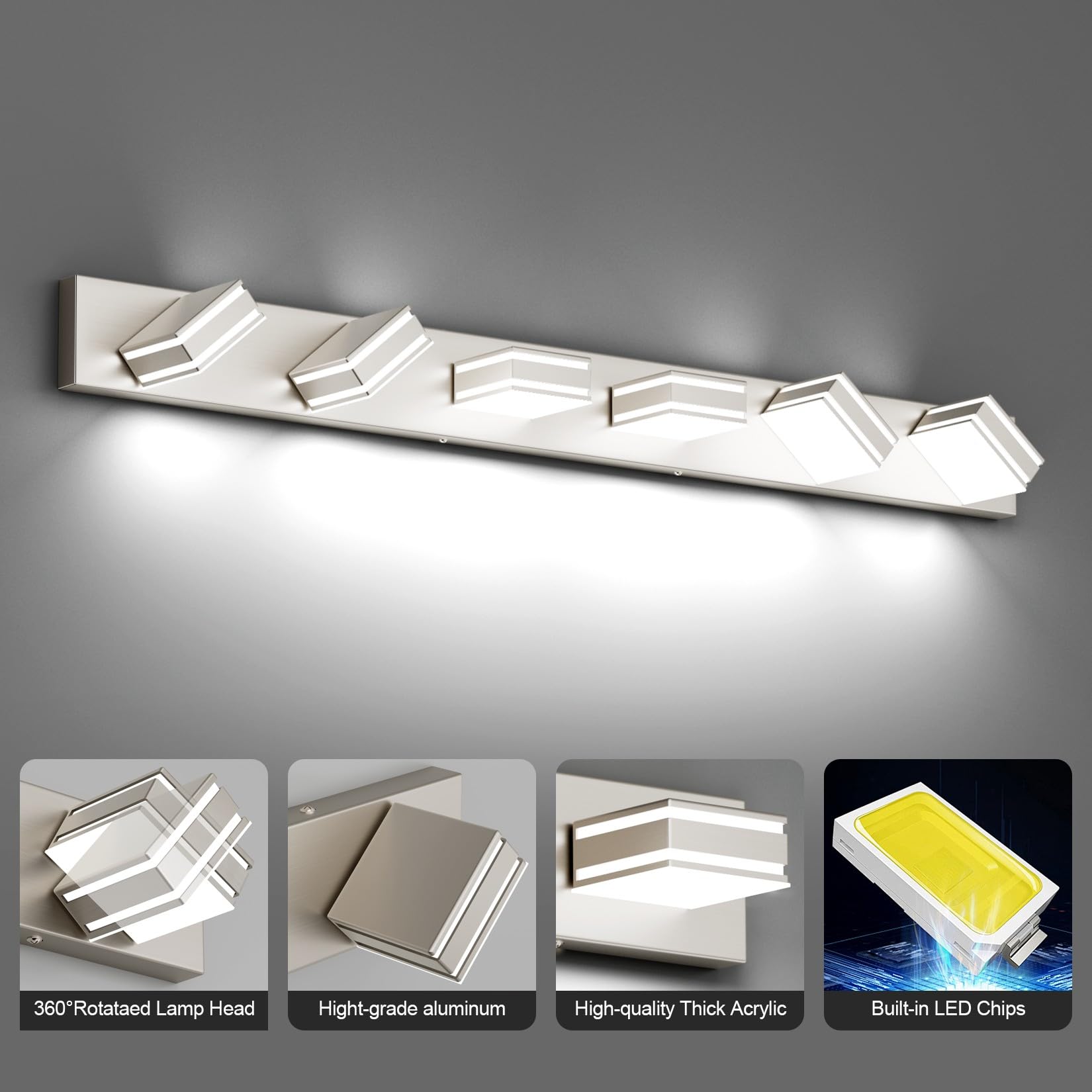 Ralbay 48Inch Brushed Nickel Bathroom Vanity Light 6-Light Metal Acrylic Modern Led Bathroom Lighting Over Mirror