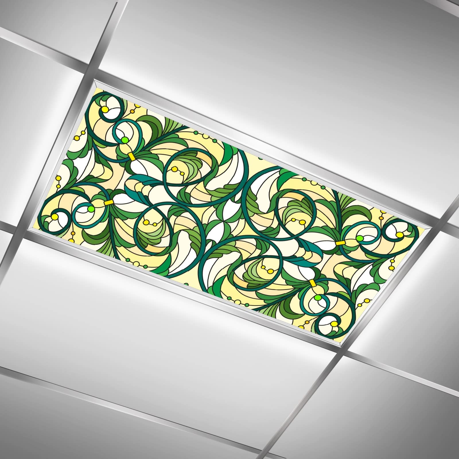 MSINMKOK Stained Glass Green Floral Pattern - Fluorescent Light Covers - 2x4 Drop Ceiling Fluorescent Decorative Ceiling Light C