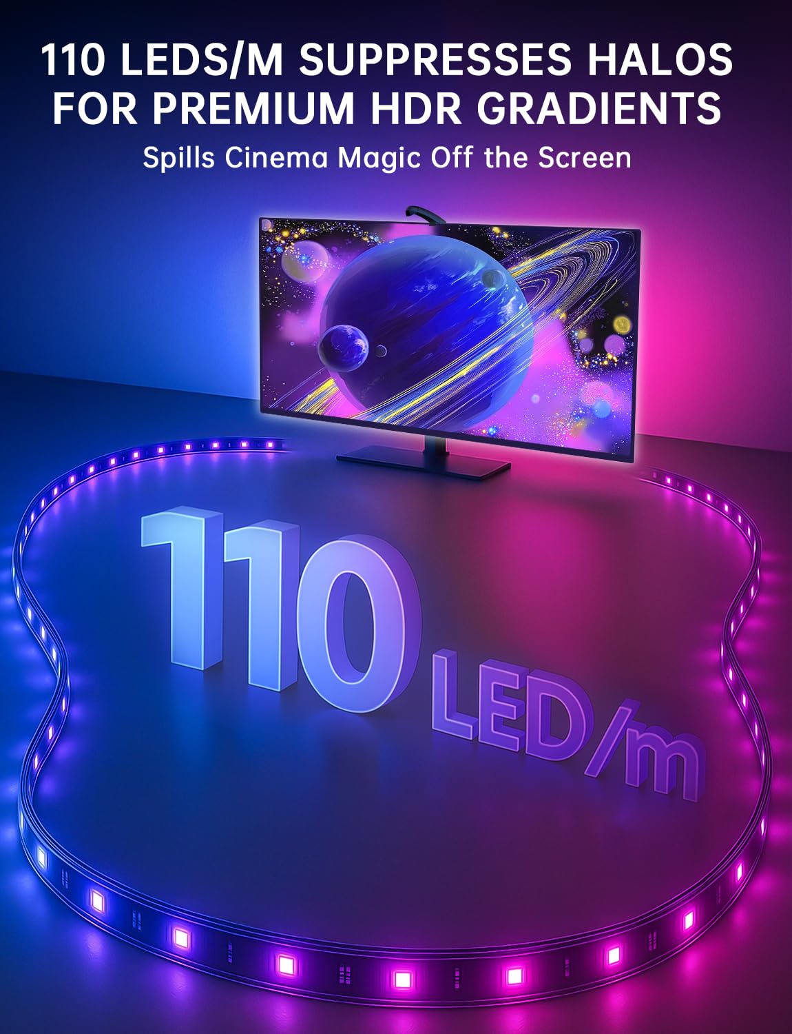 QTU RGB LED Backlight Sync Light Strip - 18ft for 75-85" TVs, Smart App Control, Multicolor, Model L02