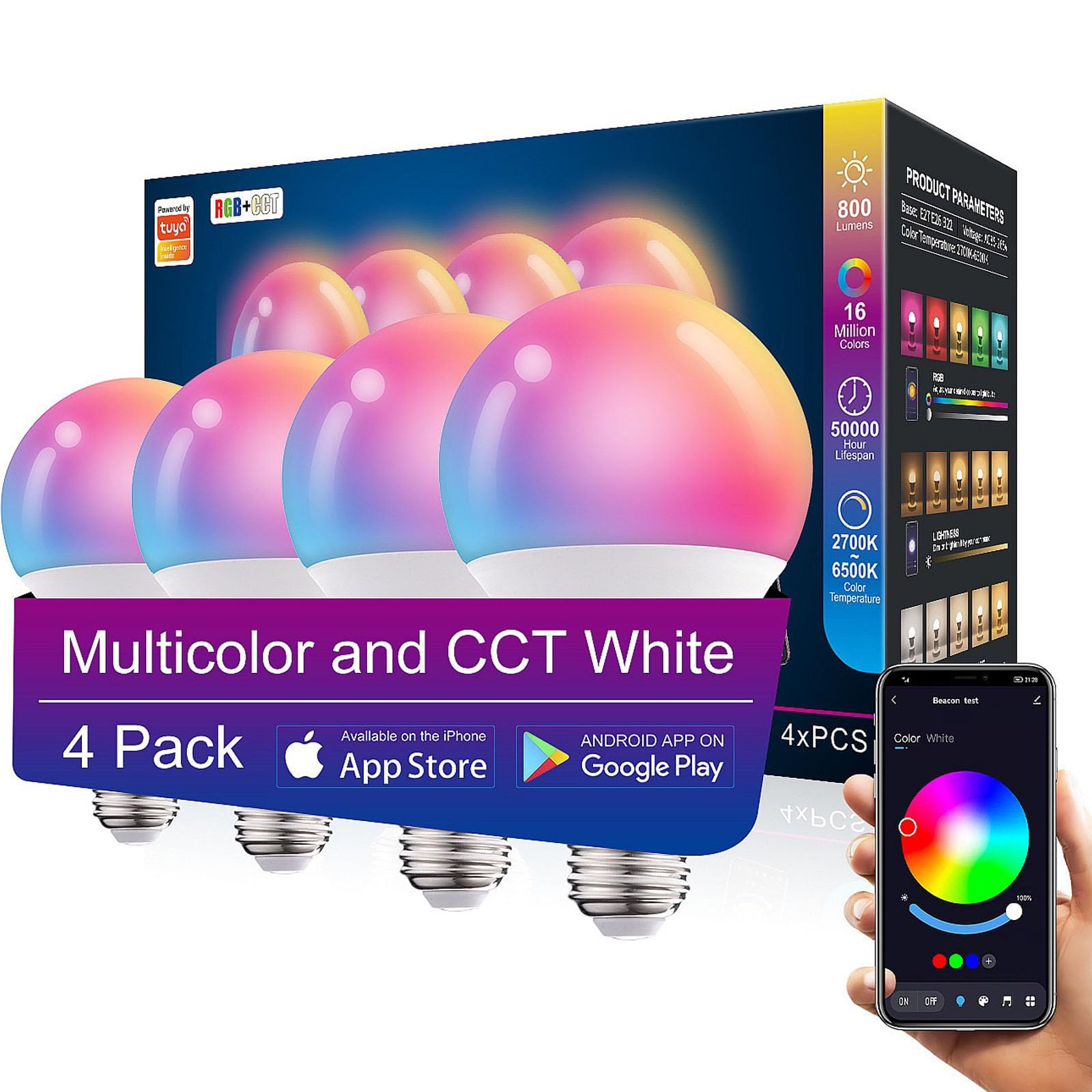 Afinsea 4 Pack Smart Light Bulbs,Wifi & Bluetooth Led Light Bulb That Works With Alexa & Google Home, Color Changing Light Bulb,