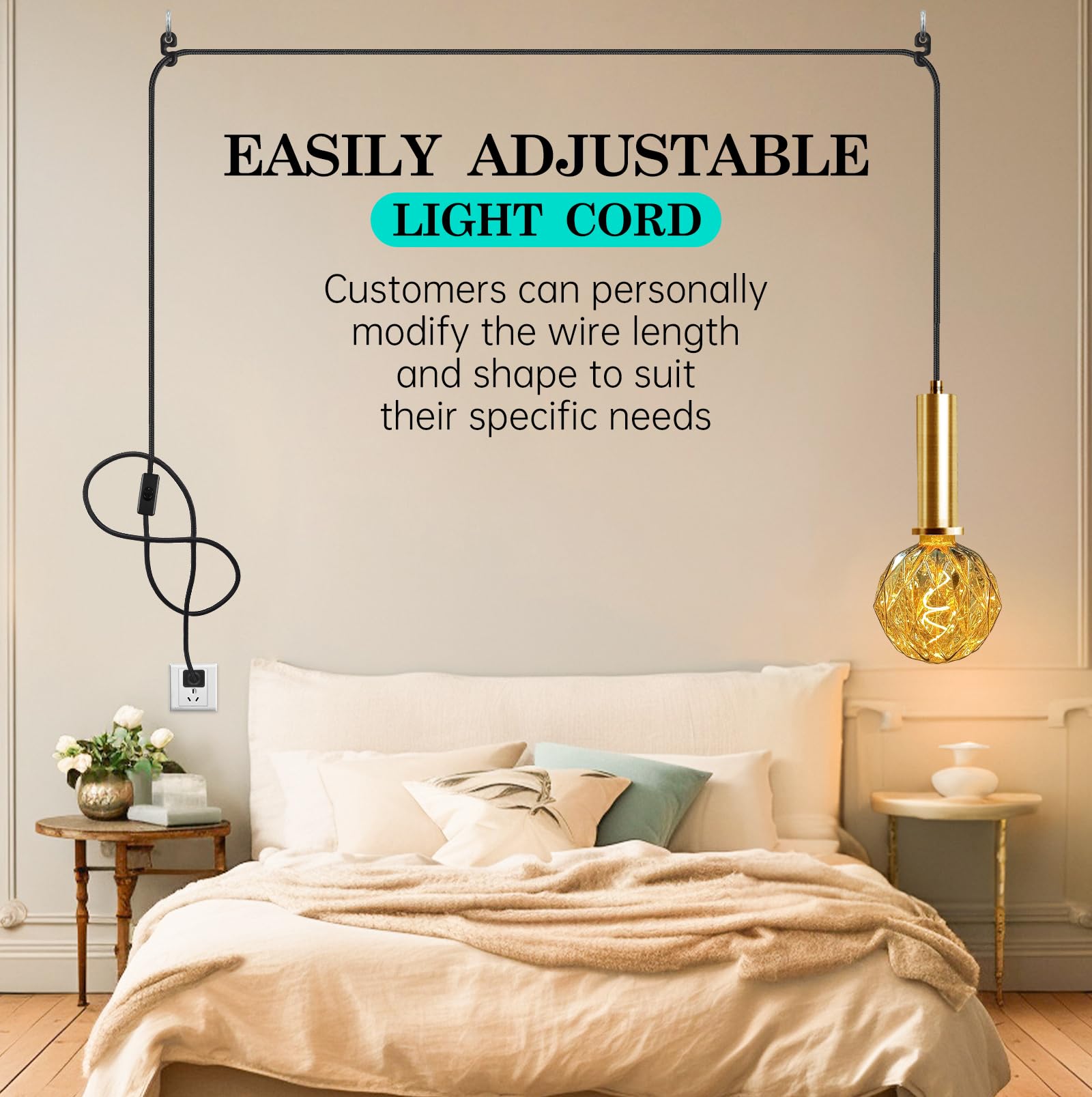 Amdtu Plug In Pendant Light Fixtures With Cord Hanging Lamp, 15Ft Hanging Lights With Golden Long E26 Socket, Industrial Decor D