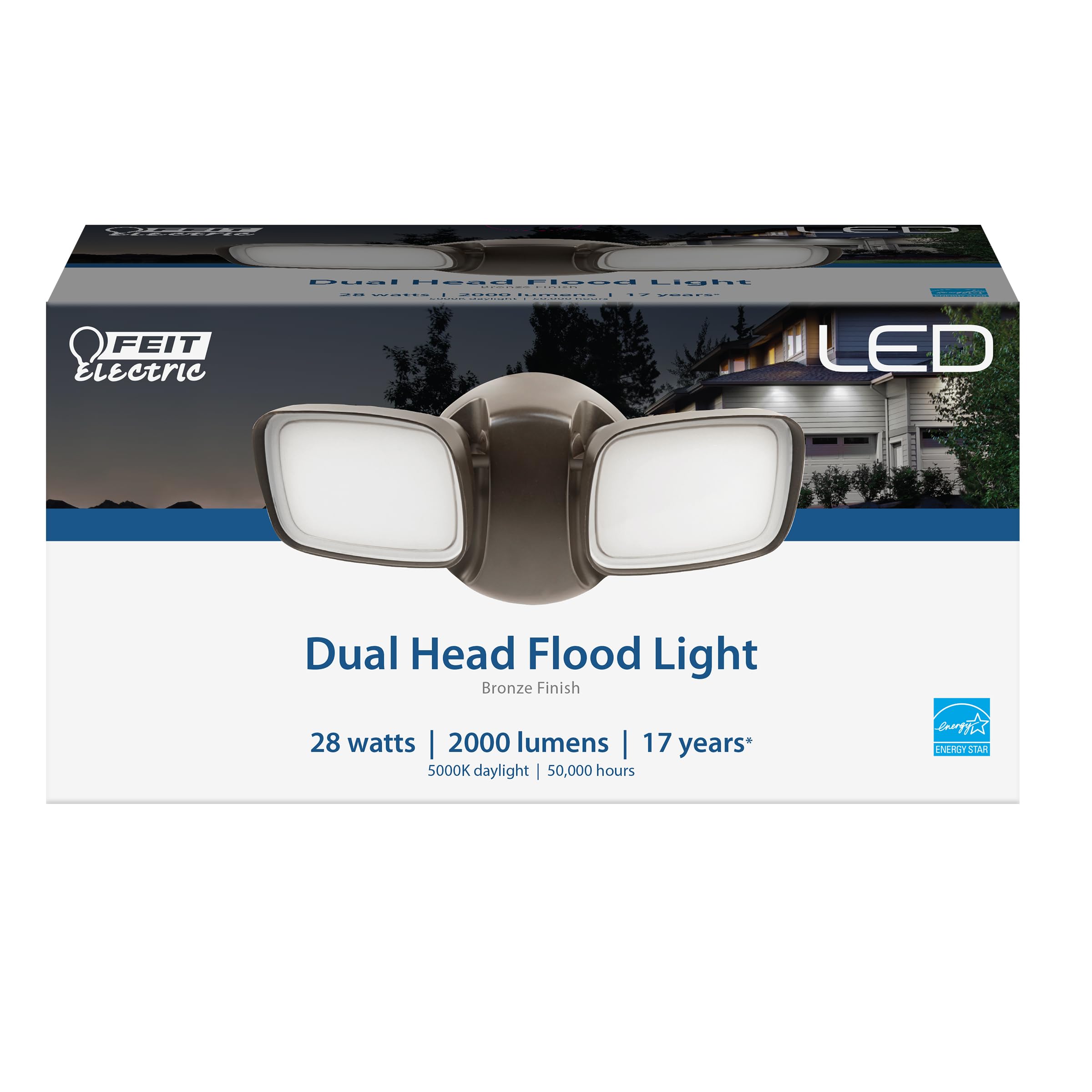 Feit Electric LED Security Outdoor Light, 28W, 2000 Lumens, 5000K, Adjustable Dual Head, Bronze, Model S9DFL/850/BZ/V1