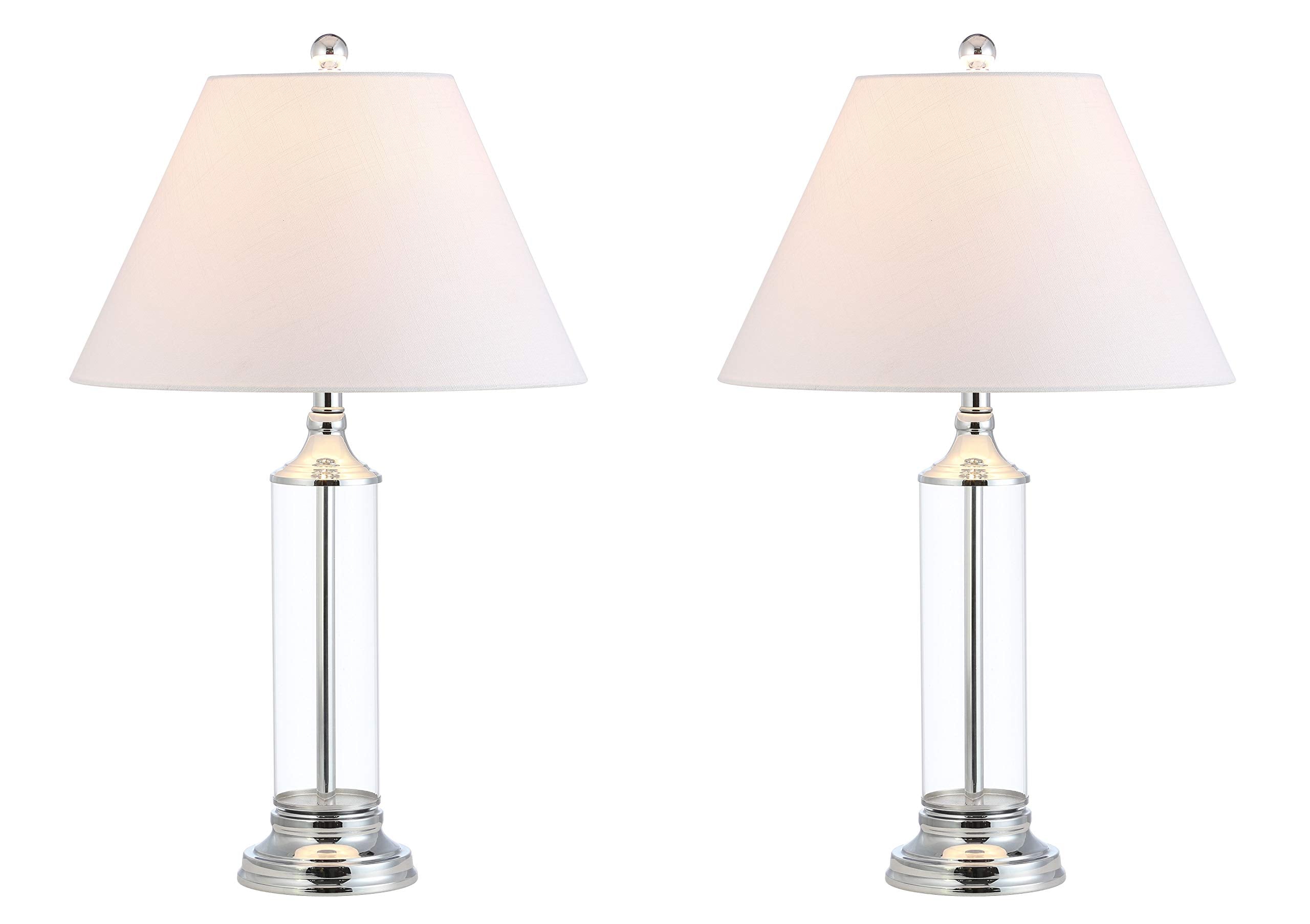 JONATHAN Y 29 Clear/Chrome Glass LED Table Lamp Set of 2  Modern Bedside Nightstand Lamps for Living Room Bedroom Office  White Linen Shade  Transitional Decor JYL4014A-SET2