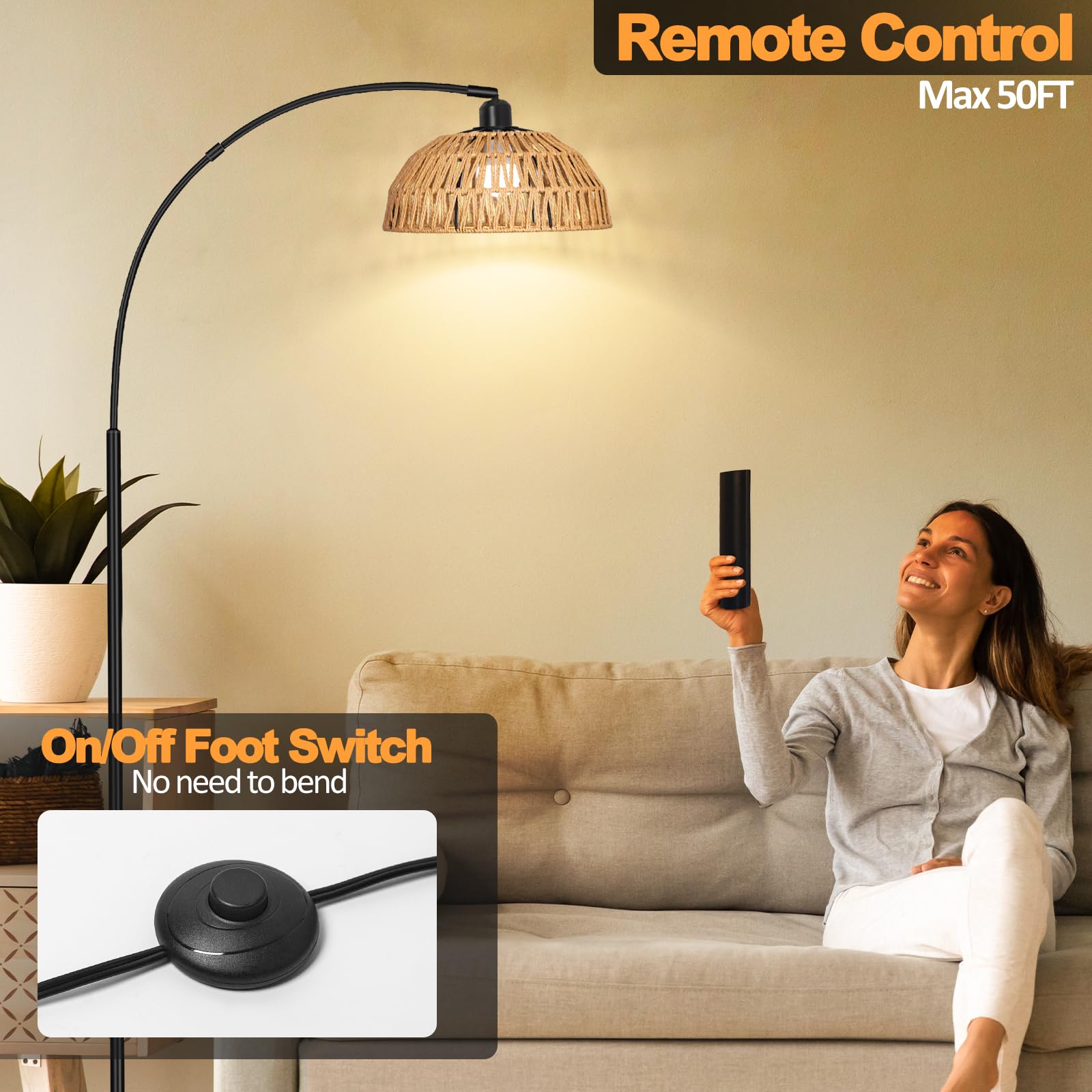 Boho Floor Lamp With Remote- Arc Tall Lamps, Bronze Floor Lamps With Stepless Dimmable Bulb, Hand-Worked Adjustable Rattan Lampshades, Brown Rattan Standing Lamp