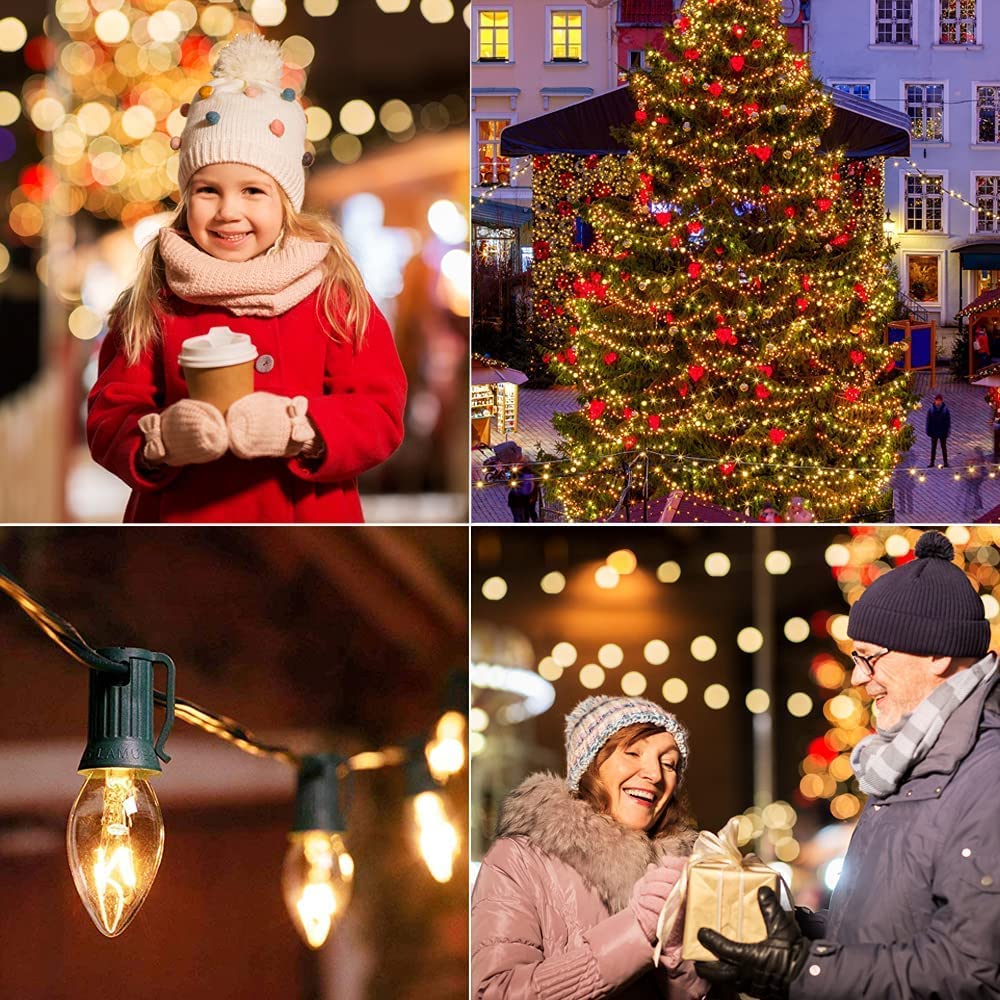 GOOTHY C7 Christmas Lights, 25Ft Outdoor String Lights, 27 Clear Warm White Bulbs, Ceramic, Green