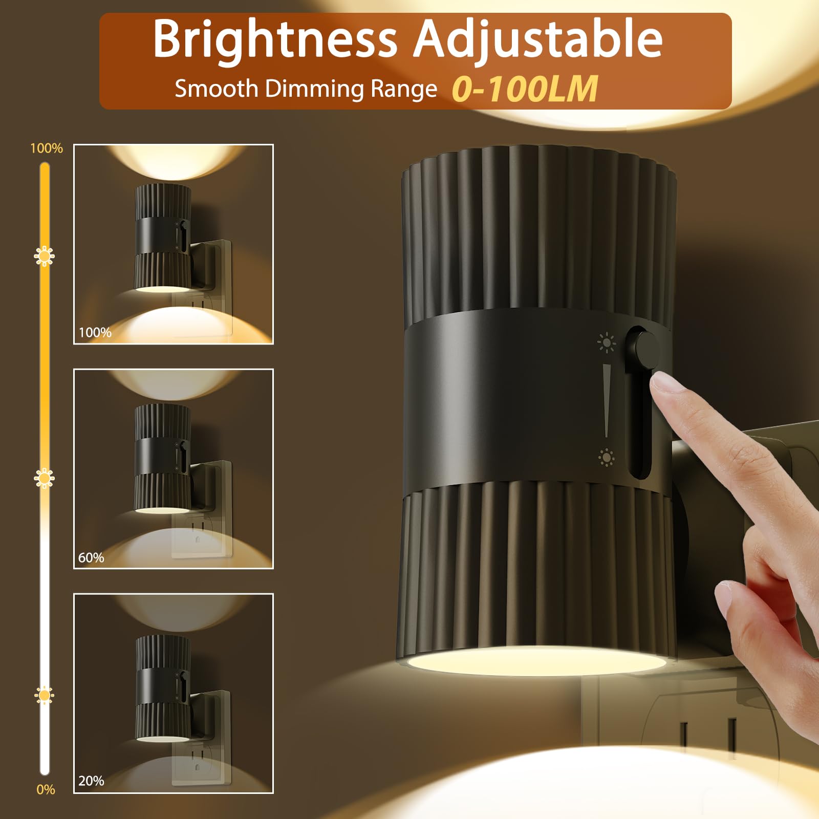 QQV Night Lights Plug into Wall, 90 Rotatable Plug in Night Light with Dusk to Dawn Sensor, 0-100LM Dimmable Wall Light, 3000K S