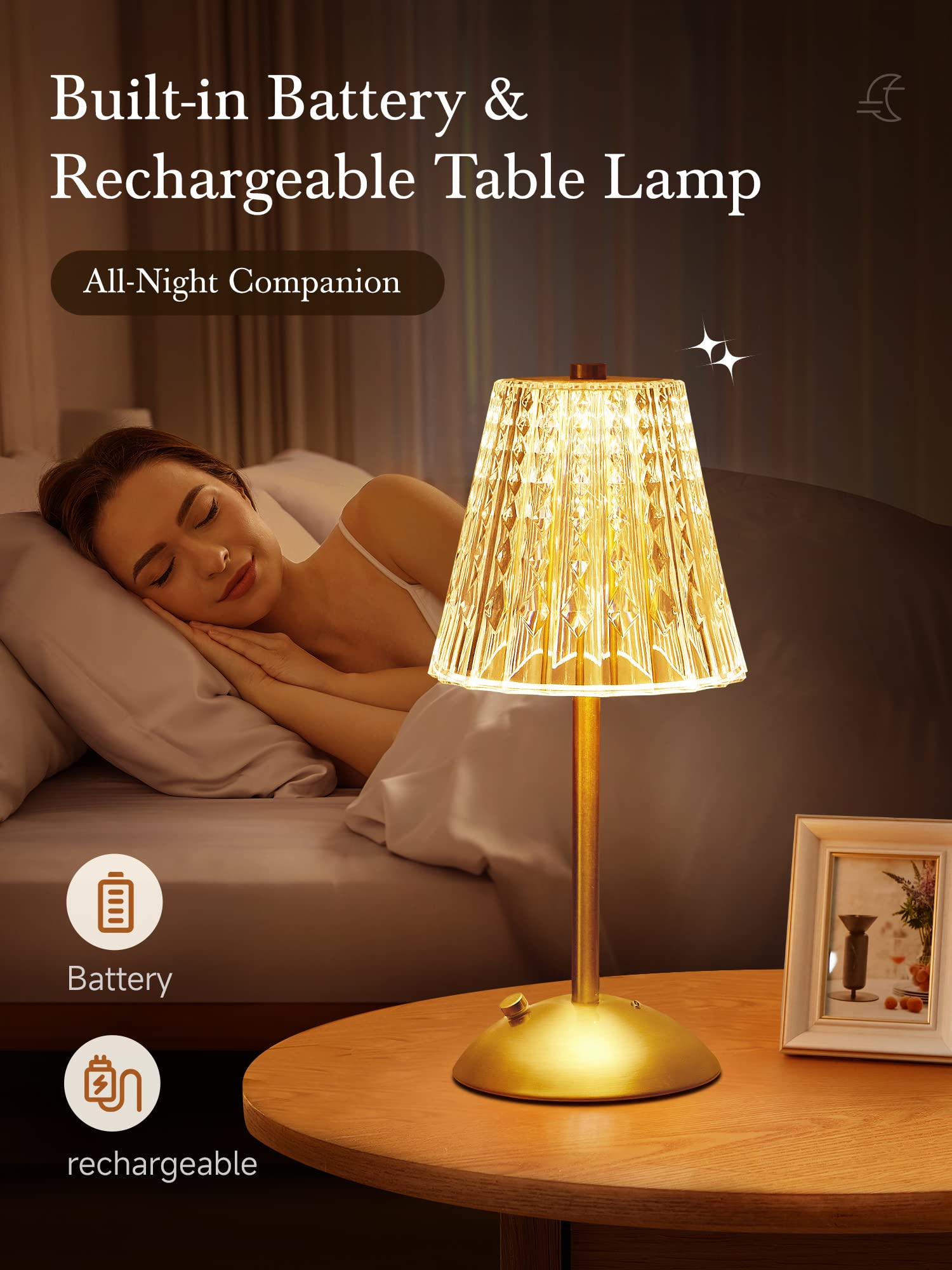 One Fire Nightstand Lamps Set Of 2, Dimmable Crystal Table Lamp 3 Colors Gold Lamp,Touch Lamp Bedroom Lamps, Rechargeable Small