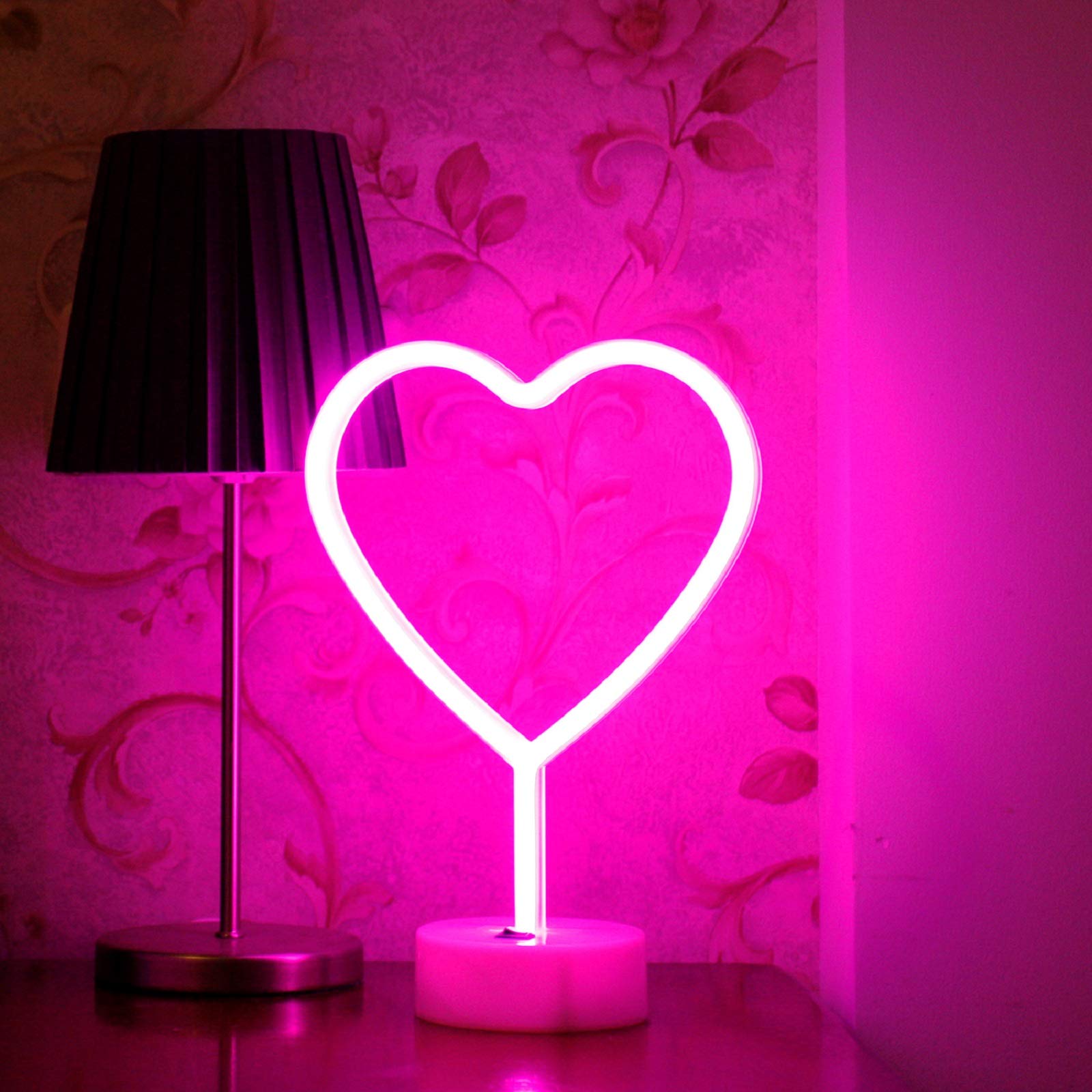 BHCLIGHT Pink Heart Neon Sign, LED Light, Battery or USB Powered, Table Decor for Room, Dorm, Wedding, Anniversary, 1PK