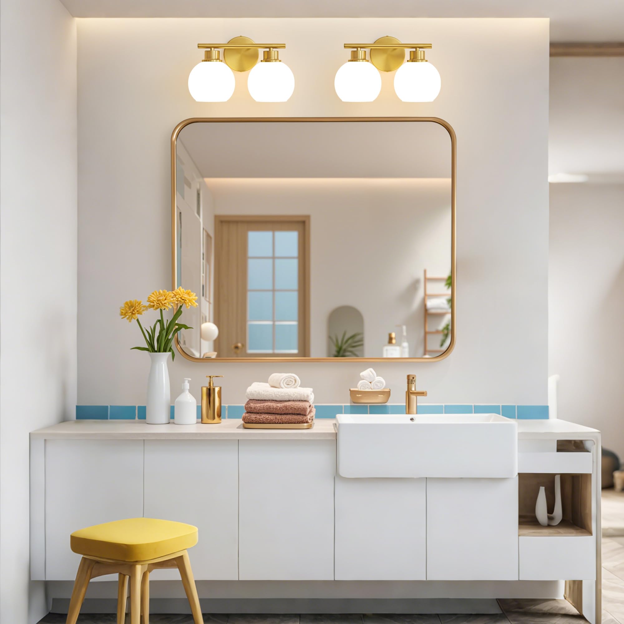 Lanmate Bathroom Vanity Light Fixtures 2-Lights Gold Bathroom Lighting Fixtures Over Mirror With Milk White Glass Shade 13.8 Inc