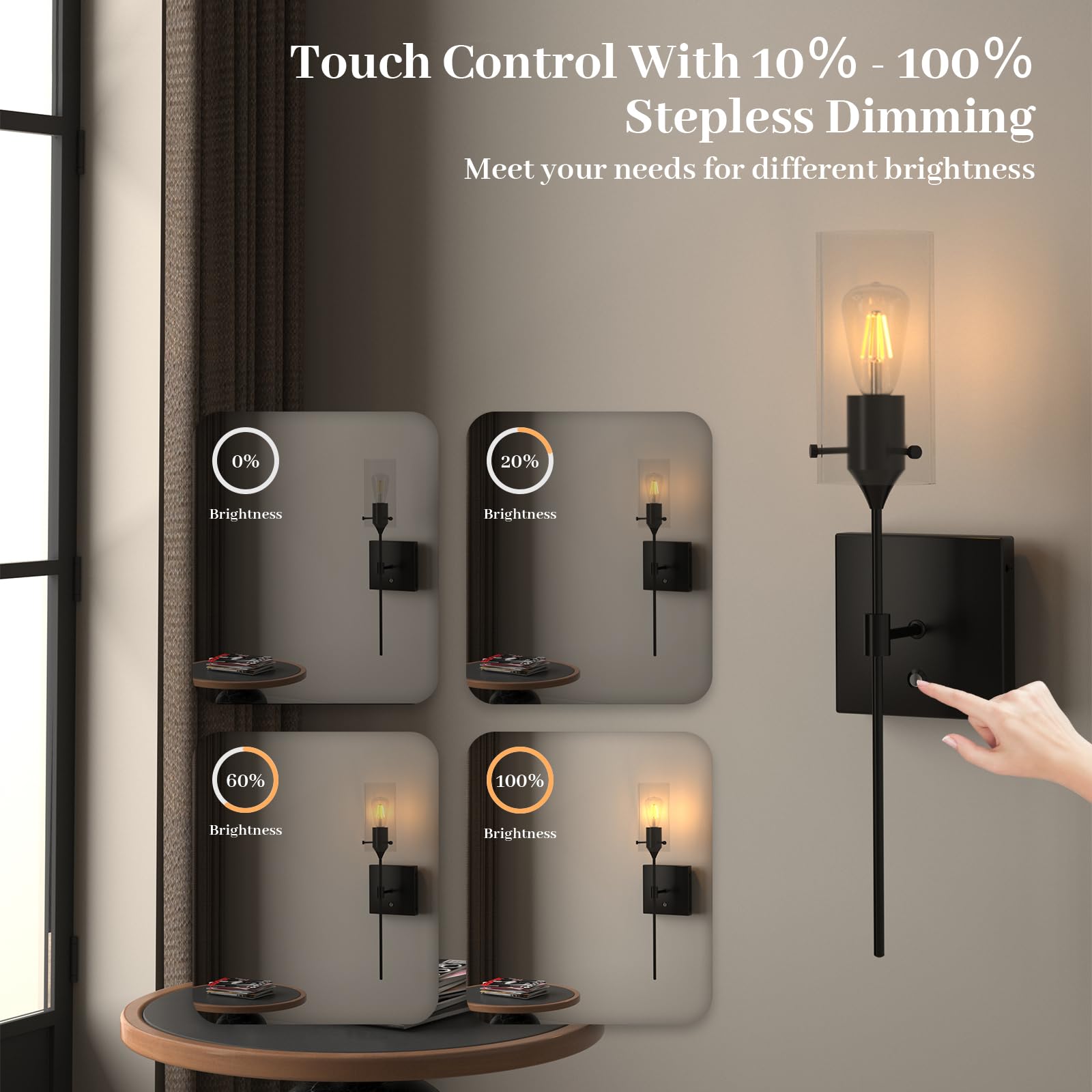 Thyfenno Dimmable Battery Operated Wall Sconce Set Of 2, Rechargeable Wall Mount Light No Wiring, Easy Install Wireless Wall Lamp For Living Room Bedroom Hallway Farmhouse Indoor, Bulb Included
