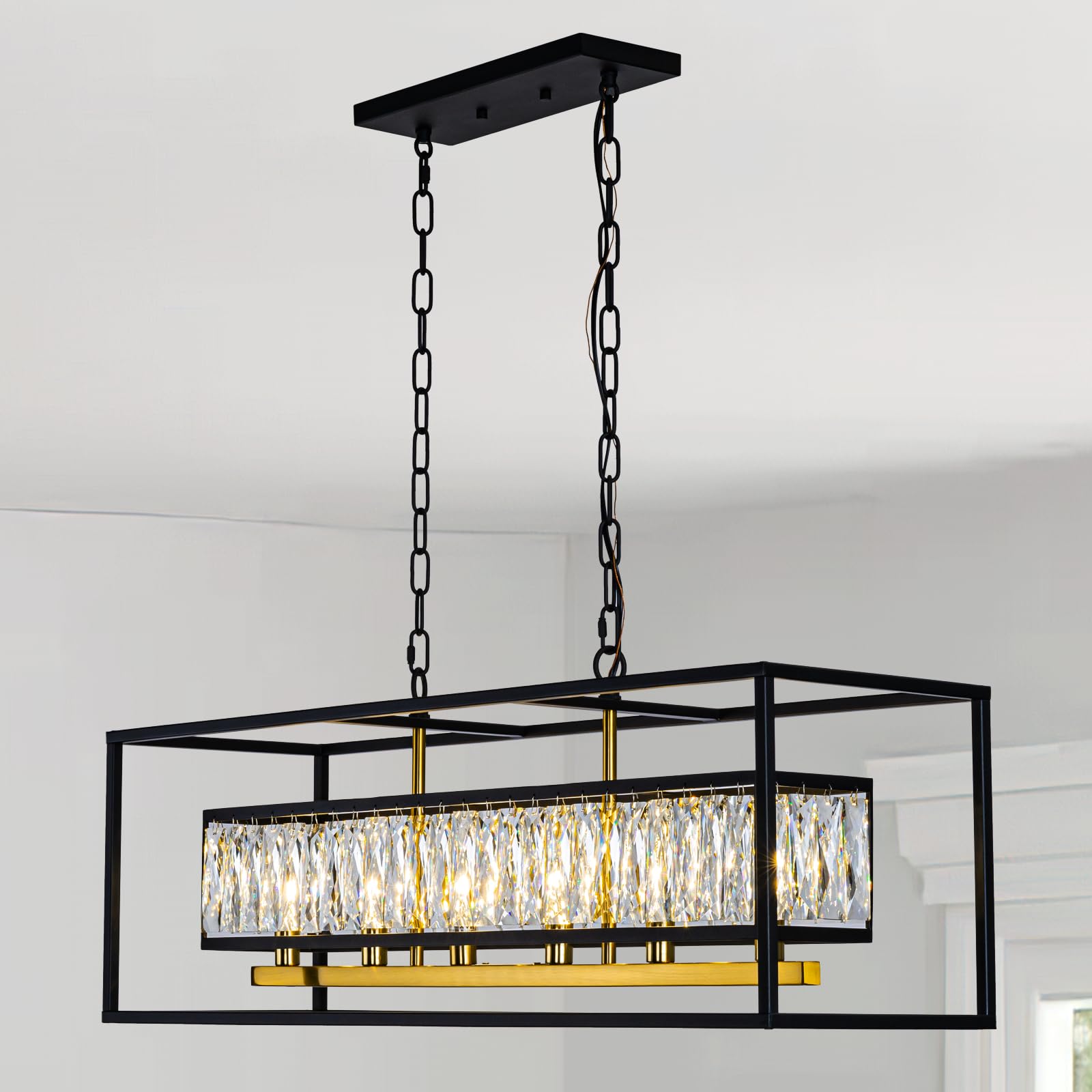 Vezzio Modern Farmhouse Crystal Chandeliers For Dining Room Black And Gold Rectangle Contemporary Pendant Light Fixture 6-Light Rectangular Linear Chandelier For Kitchen Island