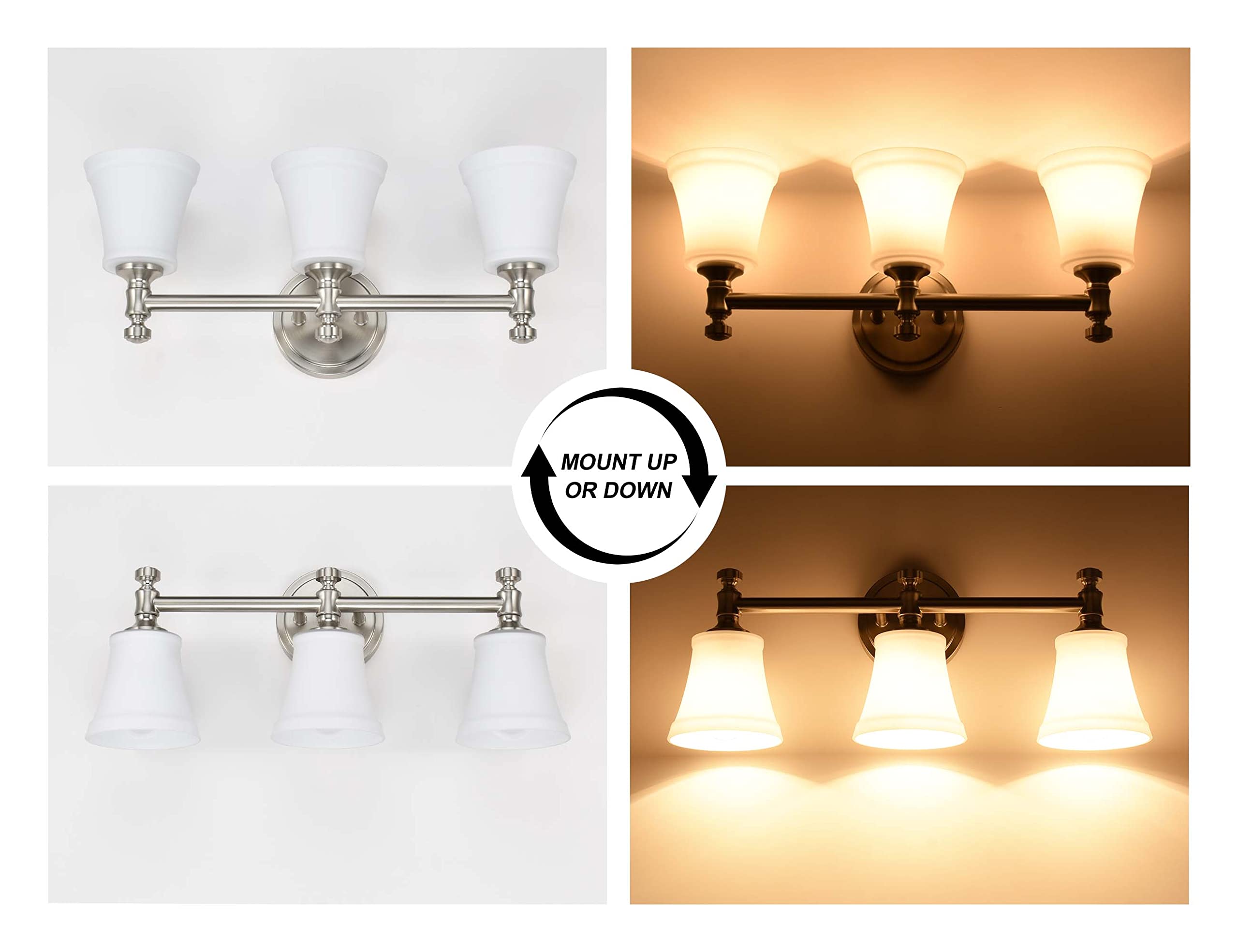 Hanaloa Bathroom Vanity Light Fixtures, Traditional Brushed Nickel 3 Lights Wall Sconce Lighting With Opal Glass Shade, Porch Wall Mount Light Fixture For Bathroom, Mirror Cabinets Hallway Stairs