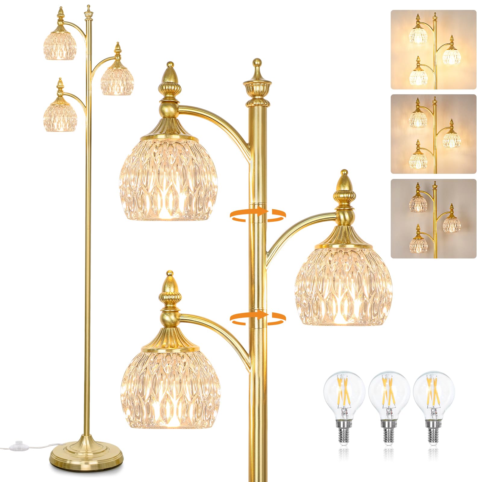 JUNNAI Gold Floor Lamp for Living Room 66.5in Brass Tall Standing Lamp with 3 Way Brightness Lights Glass Shades Modern Mid Cent