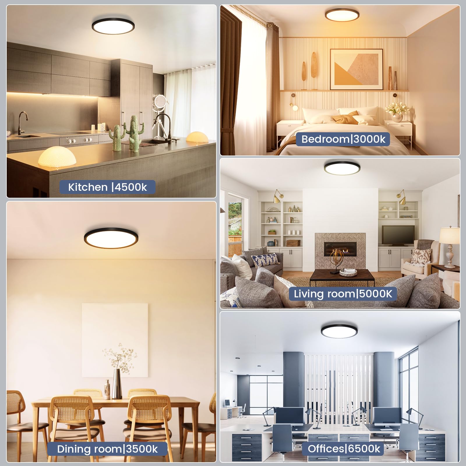 NIORSUN LED Ceiling Light Fixture, Dimmable 3000K-6500K, 12 inch, Black, Acrylic, Model 16138LGTF, 2 Pack