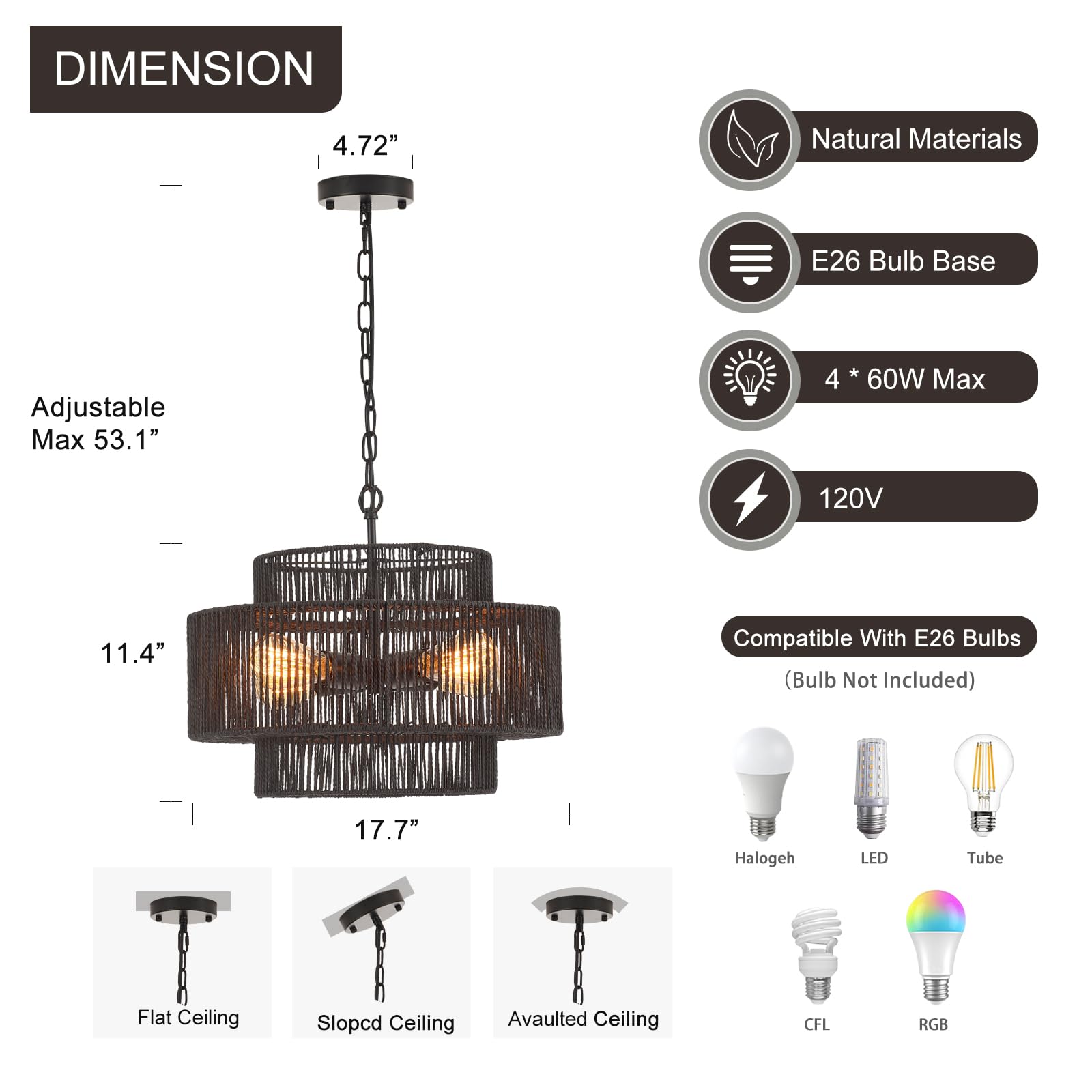 Widluth 17.7&quot; Rattan Chandelier Light Fixture Vintage 4-Lights Farmhouse Boho Hand-Woven Bamboo Chandelier Retro 3-Tier Drum Wicker Rattan Black Chandelier For Dining Room, Kitchen, Bedroom