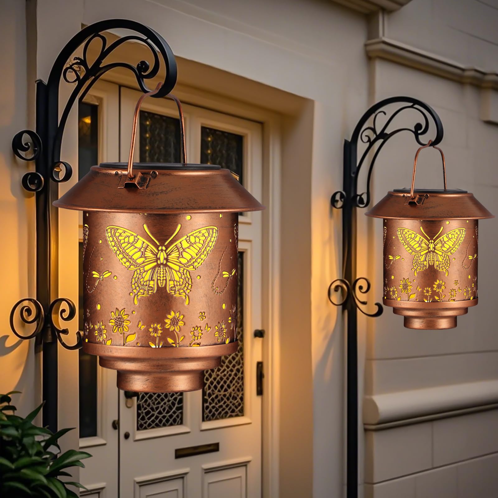 Yamodoor Outdoor Solar Lantern, Metal Butterfly Pattern, 5.5x5.5x5.9 in, Copper, Model MTD-105, Waterproof for Garden and Patio Decor
