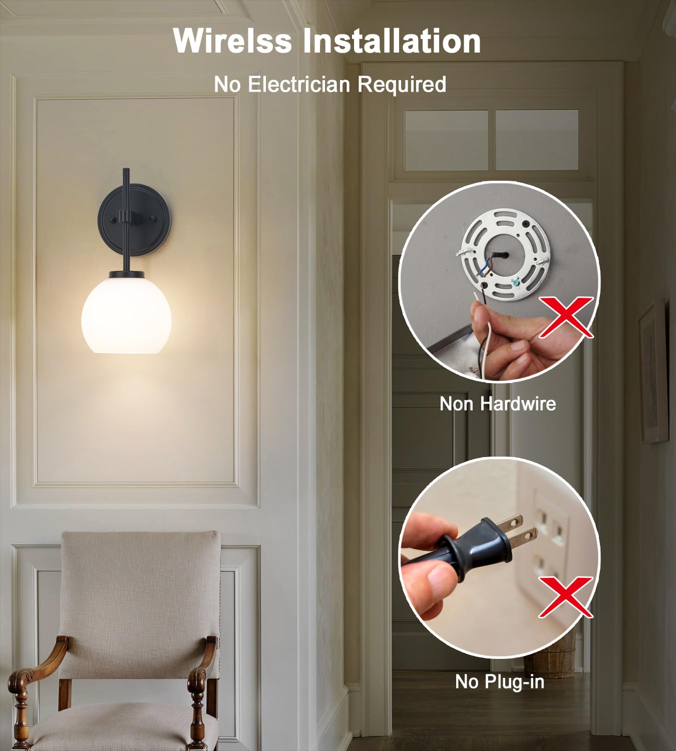 SANTOSTOCK Black Wireless Rechargeable Wall Sconces - LED Dimmable, Remote Control, Opal Glass Shade, Battery Operated, Set of 2