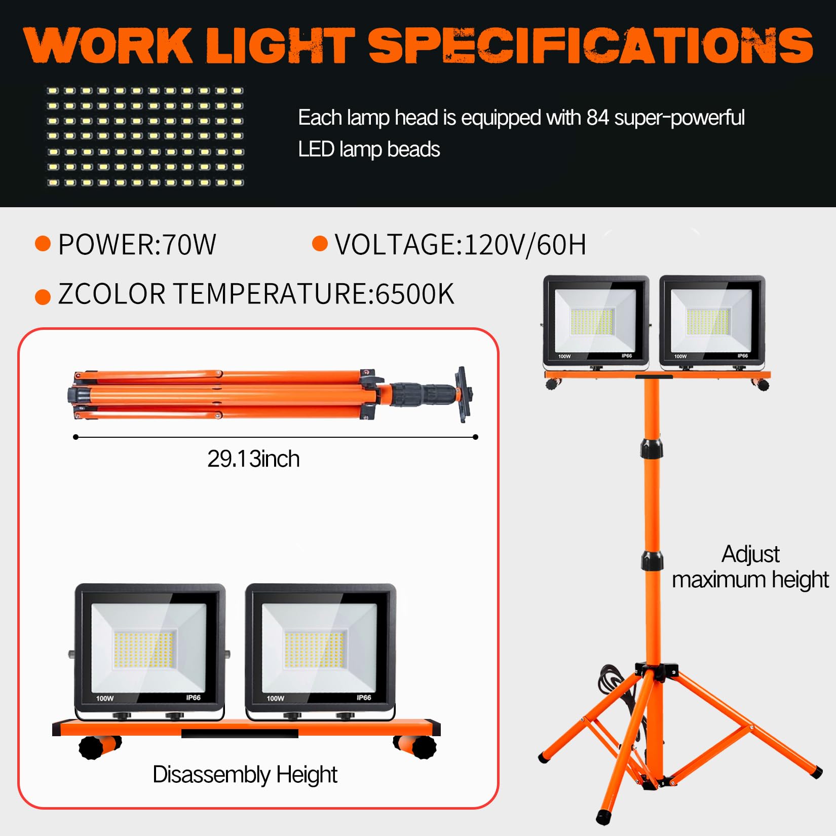 Yurnomy 21000 Lumen LED Work Light with Adjustable Tripod Stand, Waterproof, Orange-2, Model GZD-1