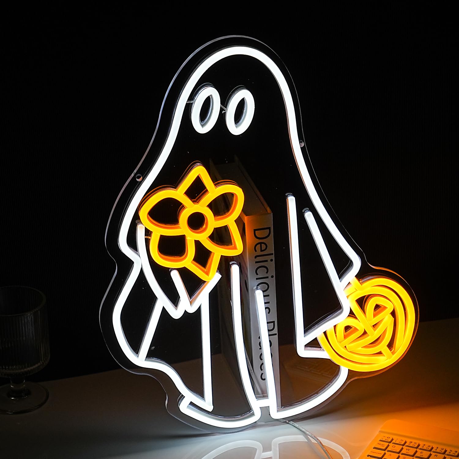 GNVETZLL Ghost Neon Sign - Dimmable USB Powered Pumpkin LED Light - Halloween Decor - Yellow White