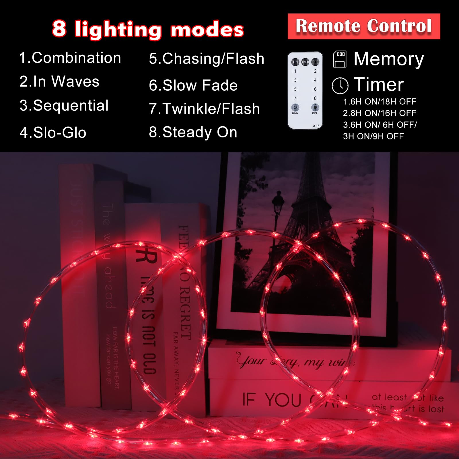 Kenburg Red Rope Lights Outdoor, 50Ft 600 Led Valentine'S Day String Light, Waterproof Tube Light Plug In 8 Modes Timer Memory,