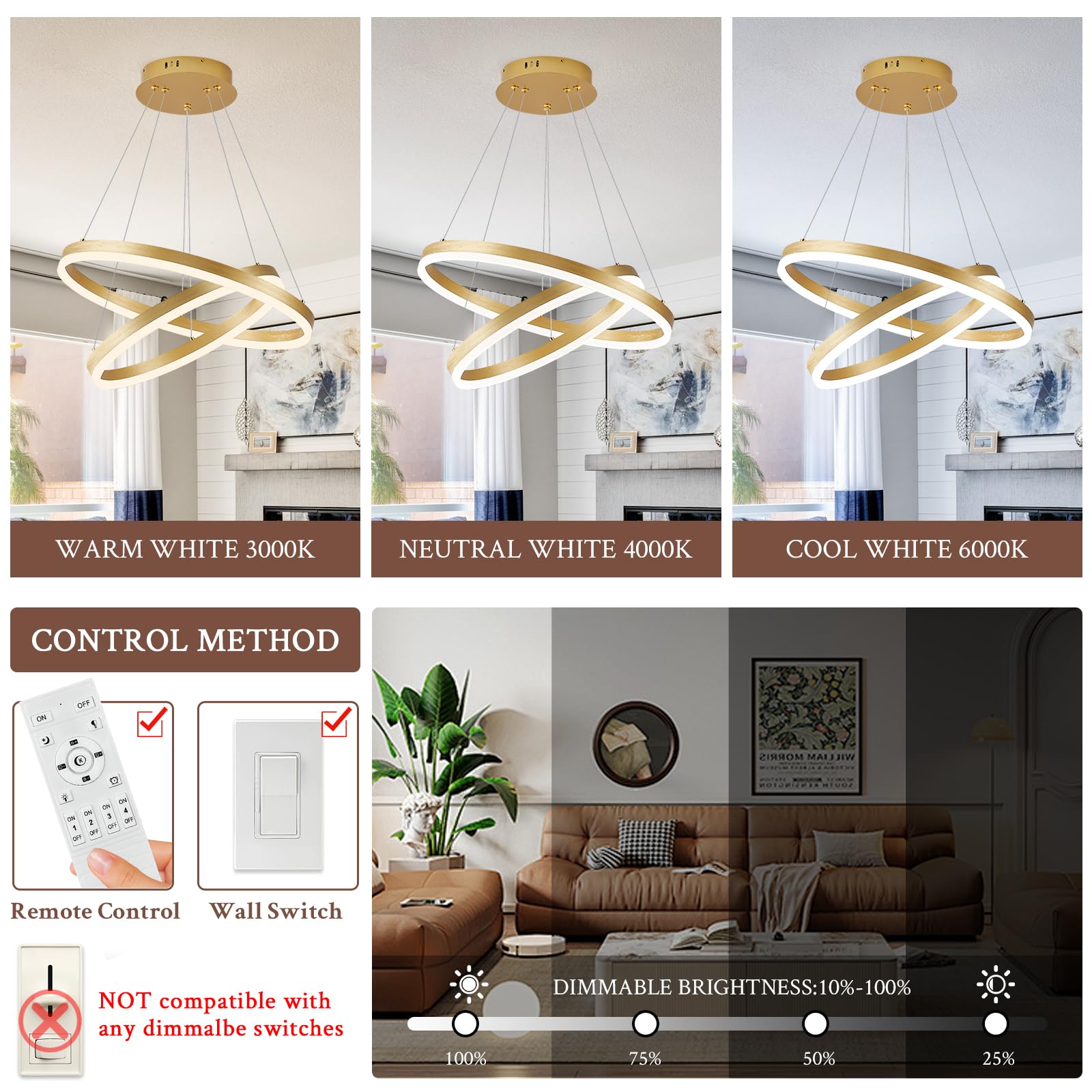 Sparklelf LED Chandelier Pendant Light, 2 Rings, Metal, Gold, Remote Control, 3000K-6500K, Modern Flush Mount for Bedroom, Living Room, Dining Room