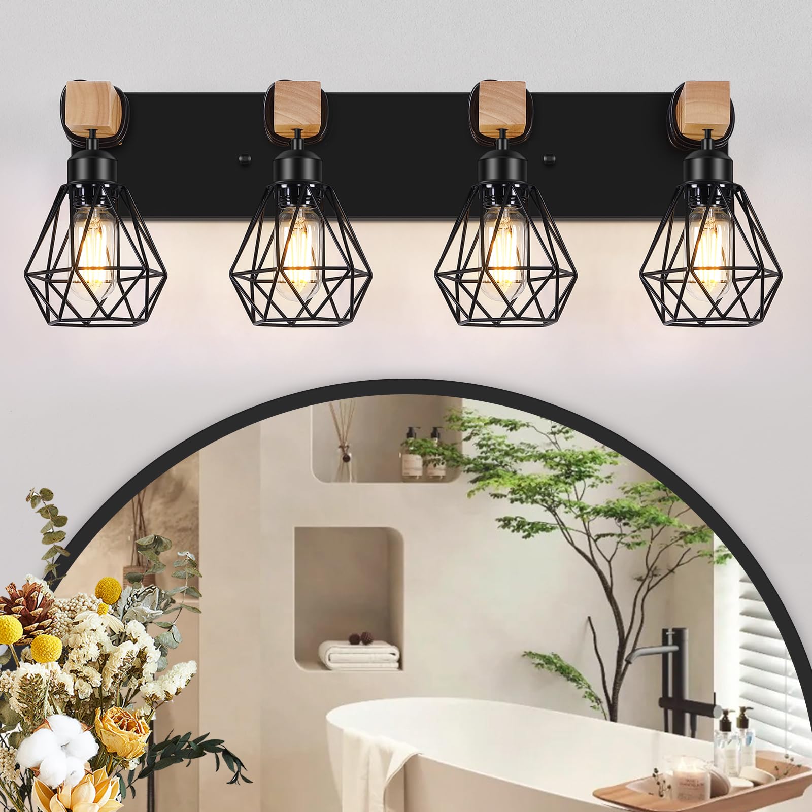FadimiKoo 4-Light Bathroom Light Fixture, Rustic Wood & Black Metal, Model FBD-04, Over Mirror Sconce for Living Room, Bedroom, Hallway