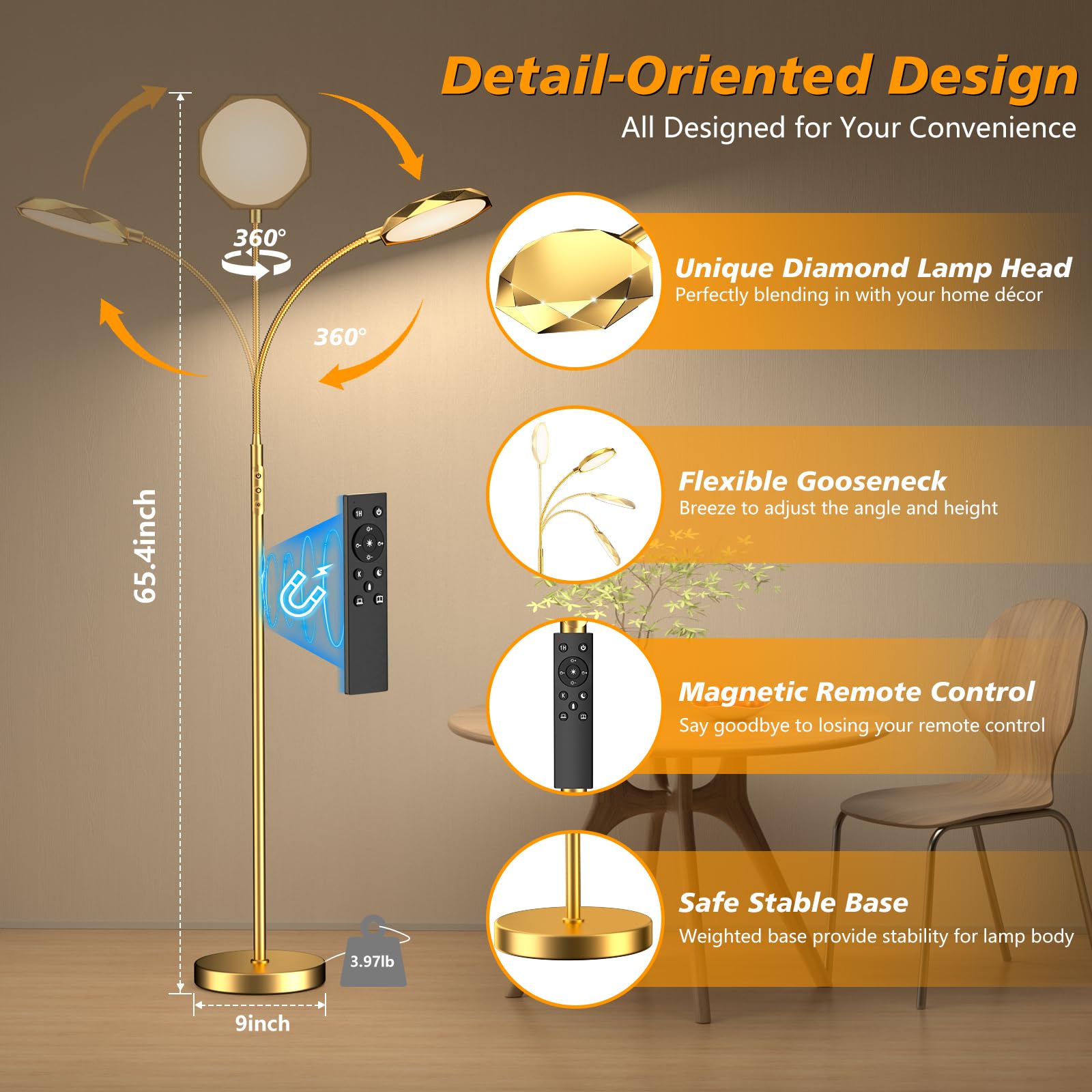 Pacovy Floor Lamp, 18W Bright Led Floor Lamps For Living Room, Stepless Adjustable Colors & Dimmer Standing Lamp With Timer, Rem