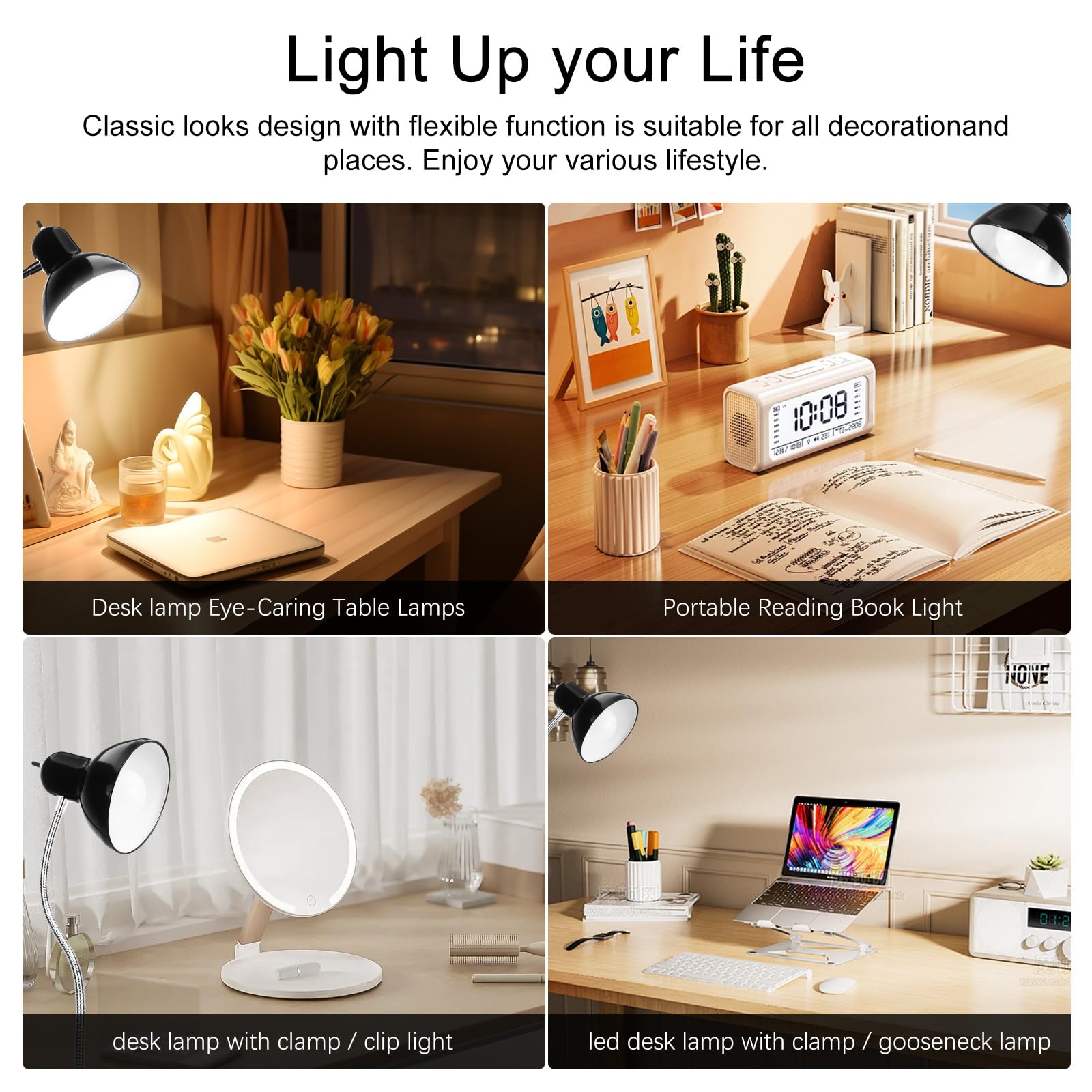 10W Wangjiatai Desk Lamp,Eye Protection Led Clamp Lamp,360Adjustable Gooseneck Clip On Lamp,Portable Reading Light,Study Clamp L