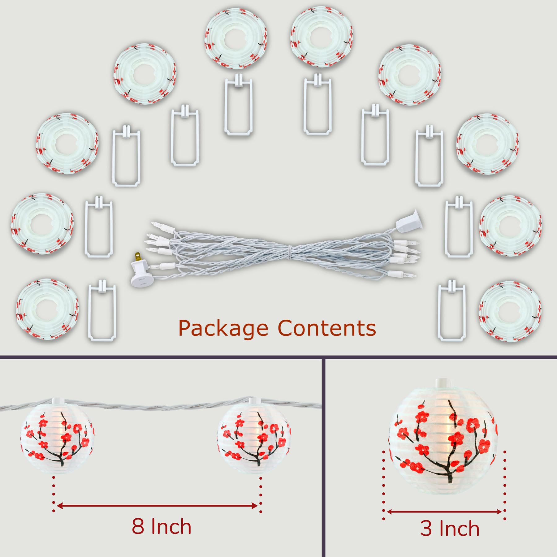 Sweet Shine Plum Flower Lantern String Lights, 10 Waterproof Nylon Lanterns With 8.7' Ul Listed Plug-In Connectable String Light