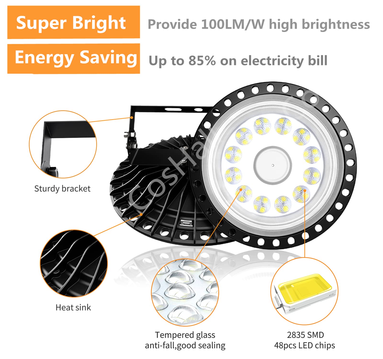 Chunnuan 100W Led High Bay Light, 10000 Lumens, 120 Reflector, Cold White, Ip65, Warehouse Lighting, Commercial, Garage, Factory