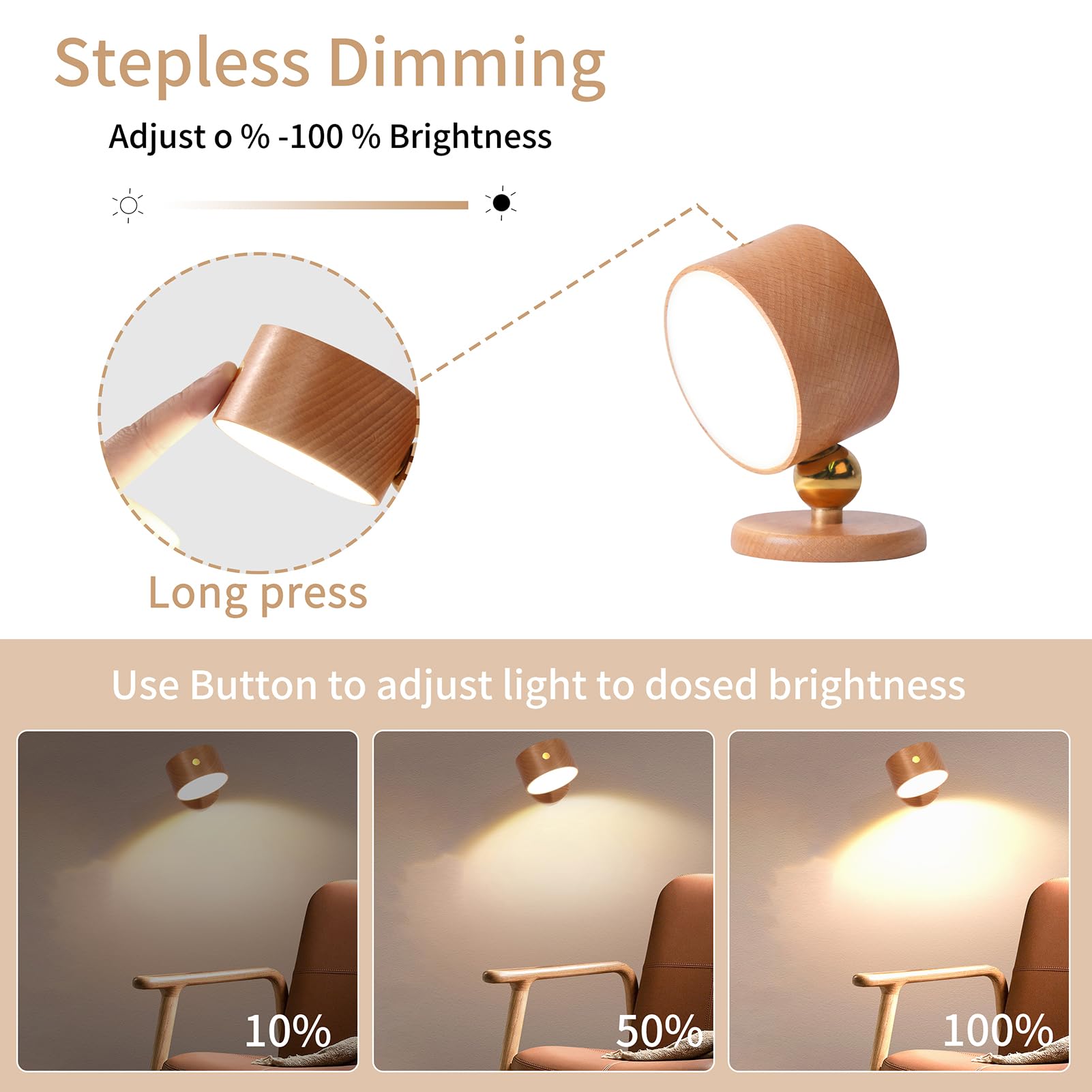 HBGFHG Wooden LED Wall Sconce, 360° Rotatable, Dimmable, Rechargeable, Battery Operated, Beech Wood, Model NO-HB01300
