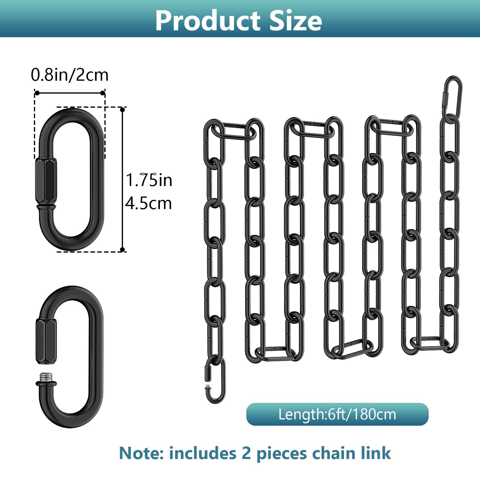 6 Feet Industrial Black Light Fixture Chain, Adjustable Metal Pendant Chandelier Chain Extension With Detachable Link, Maximum L