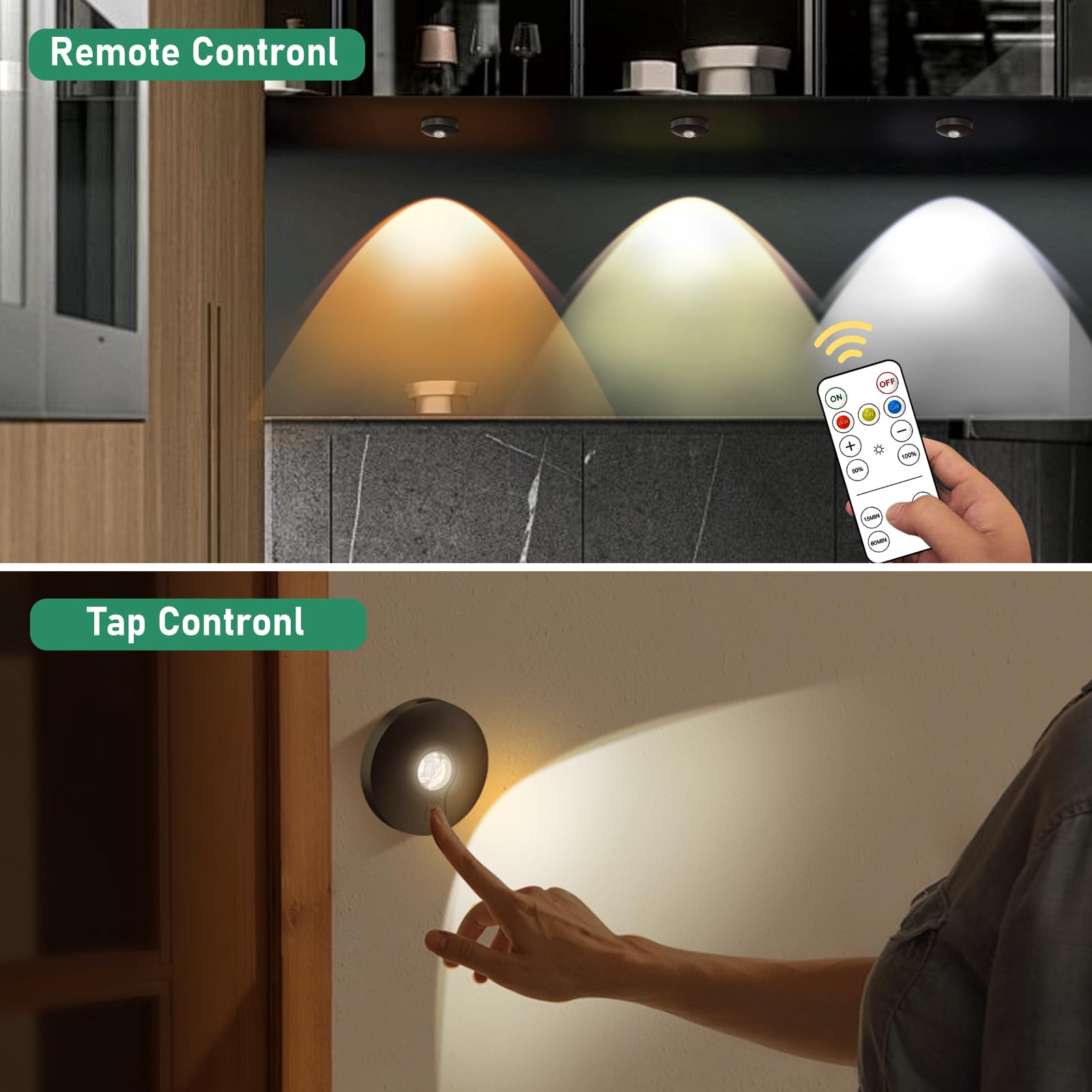 UNUSROOM Rechargeable LED Puck Lights, Wireless Touch & Remote Control, Dimmable Under Cabinet Lighting, 2000mAh Battery, Black, 6 Pack