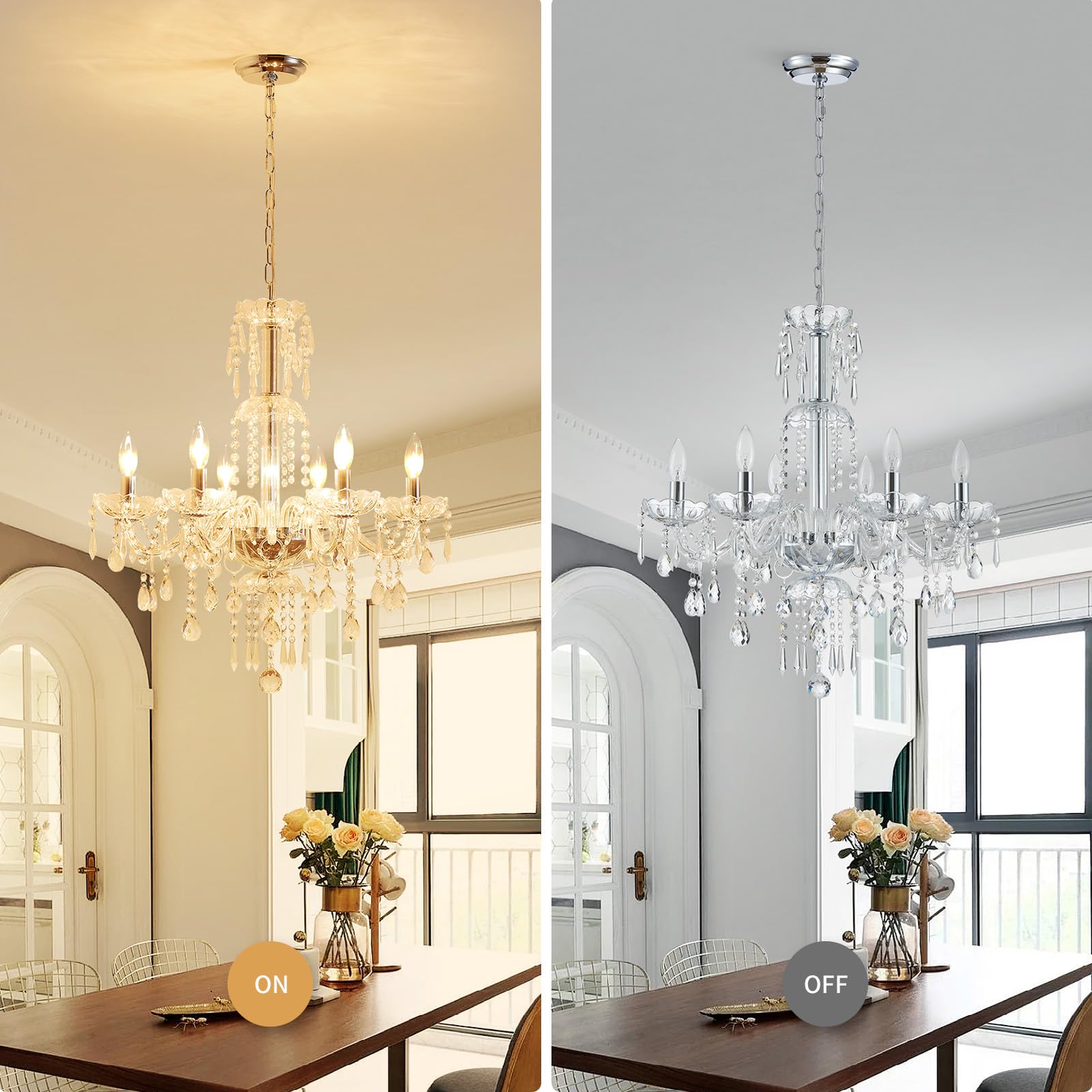 Wuzups 6-Light Crystal Candle Chandelier Pendant Ceiling Light Modern Lighting Fixture For Bedroom Hallway Bar Kitchen Bathroom  H 25.6 W 24.4  E12 Base  Chrome