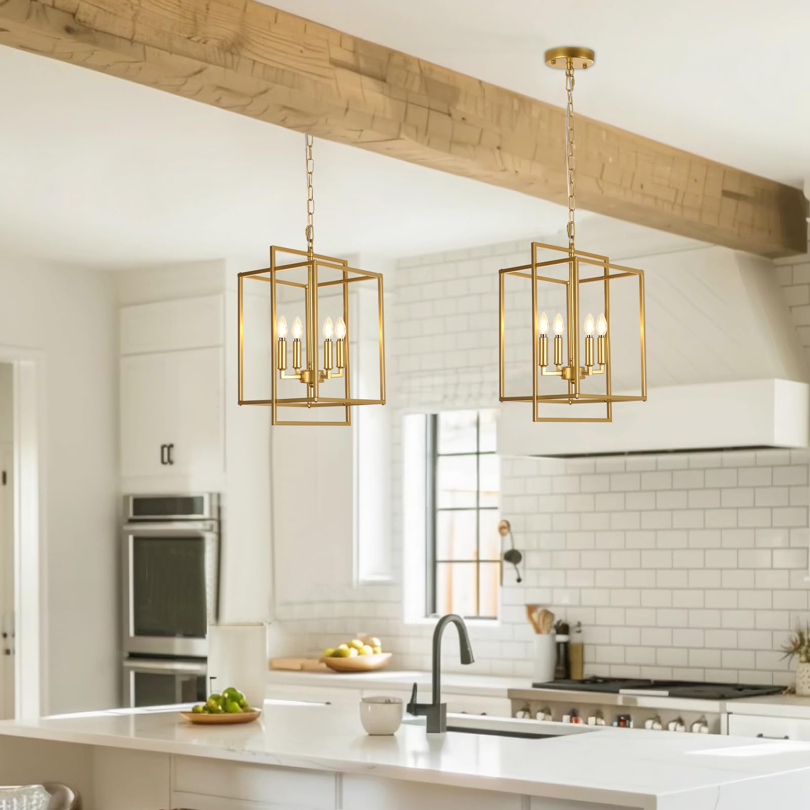 Kmaipem Farmhouse Gold Chandelier, 4-Light Vintage Chandeliers For Dining Room, Adjustable Modern Rustic Metal Hanging Pendant L