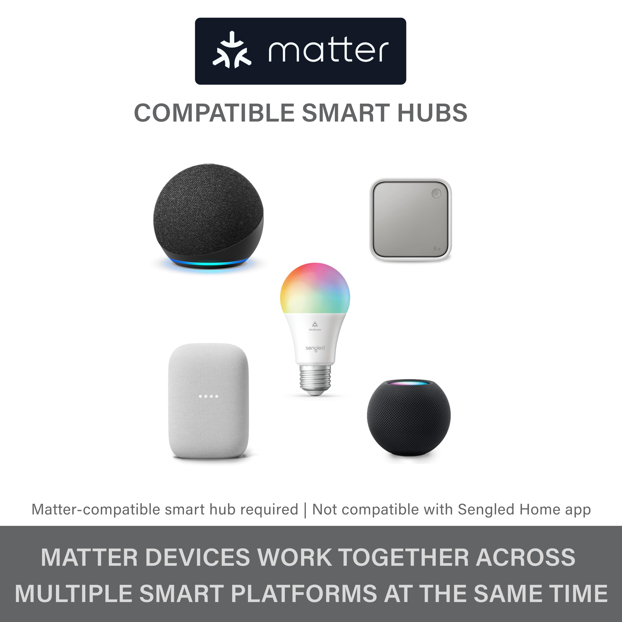 Sengled LED Smart Light Bulb A19, Multicolor, Matter-Enabled, 800LM, 60W Equivalent, Wi-Fi, 1-Pack