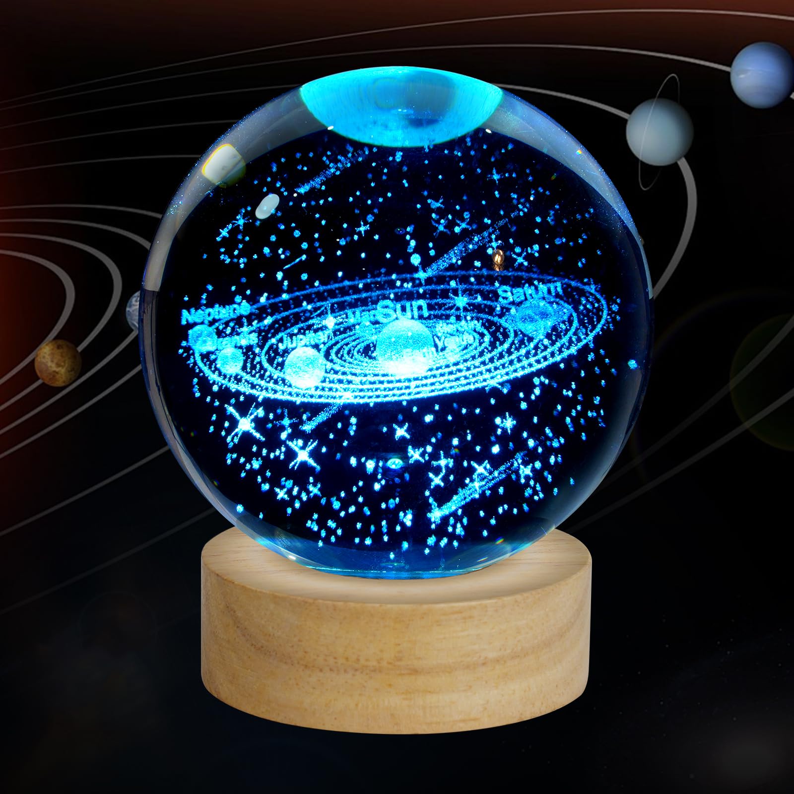 ZXBLAQ 3D Solar System Crystal Ball Night Light, Upgraded 3.15 Inch Glass Ball Lamp with 16 Color LED Wooden Base, Solar System 