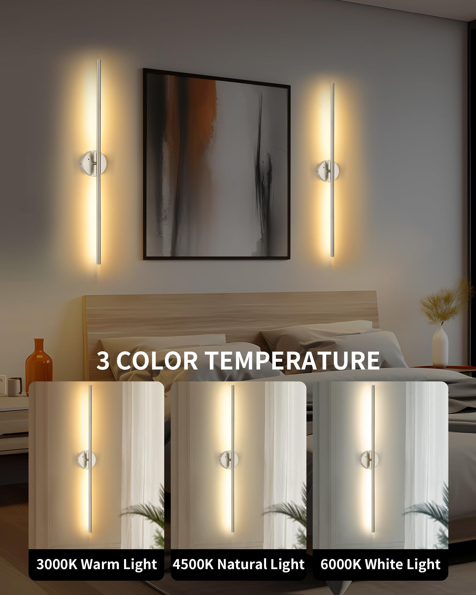 32 Inch Battery Operated Wall Sconce Set of 2 - Wireless, Rechargeable, Dimmable, 3000K-6000K, Remote, Touch Control, Timer, 350