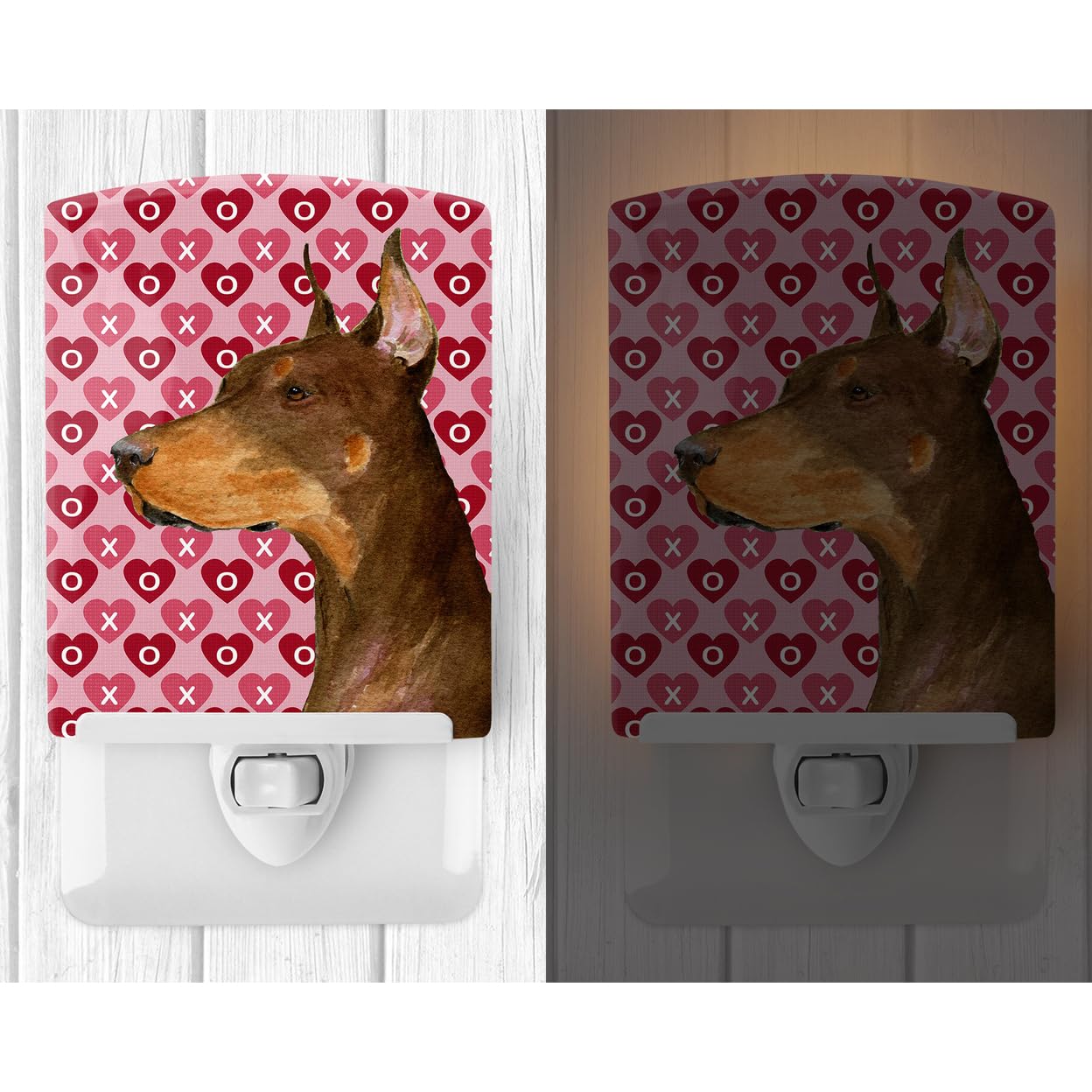 Caroline'S Treasures Ss4468Cnl Doberman Hearts Love And Valentine'S Day Portrait Ceramic Night Light Compact, Ul-Certified, Ideal For Bedroom, Bathroom, Nursery, Hallway, Kitchen, 6X4X3, Multicolor