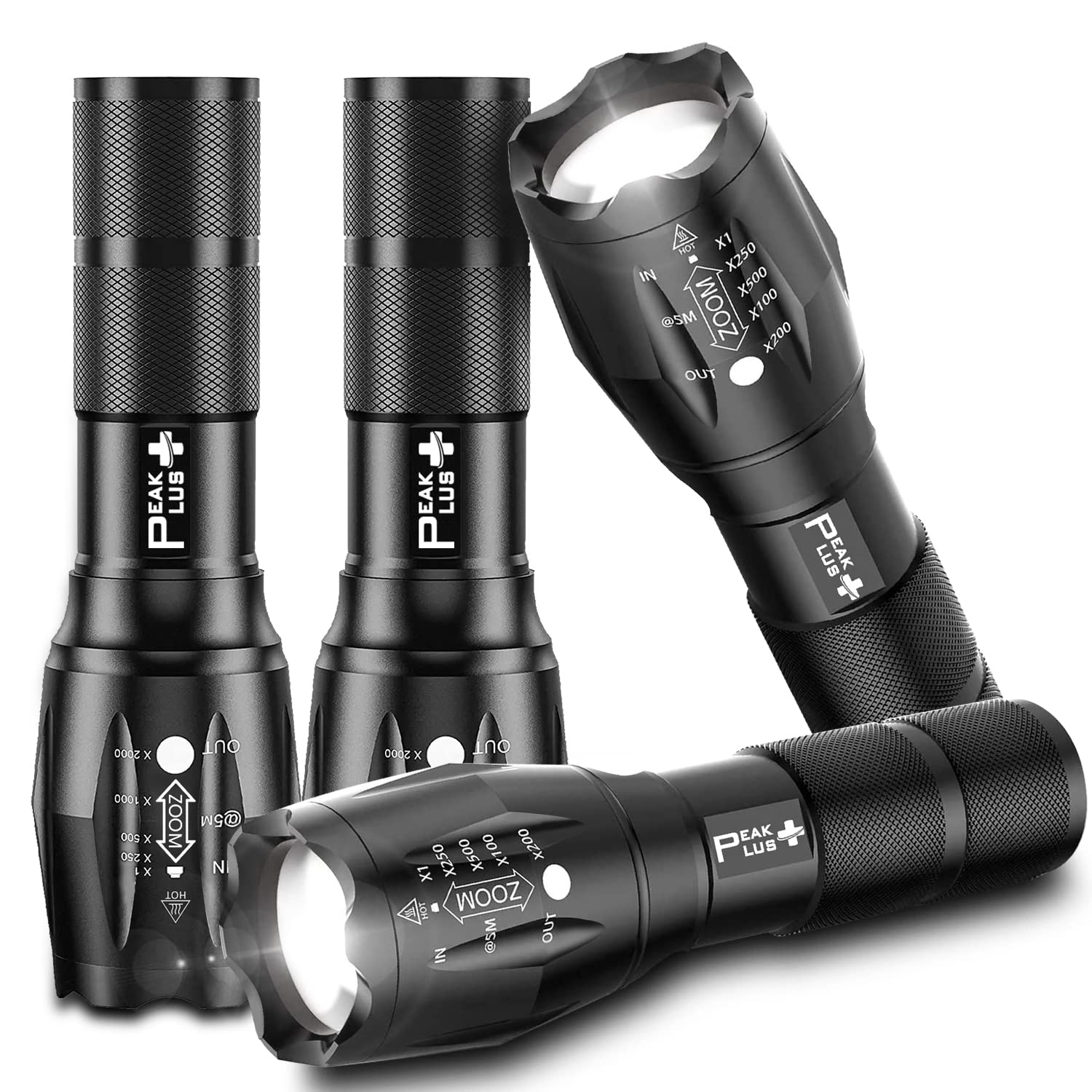 PeakPlus LED Flashlights - Super Bright, Waterproof, 5 Modes, 4 Pack, Aluminum, Black, Model PPLFX10504P